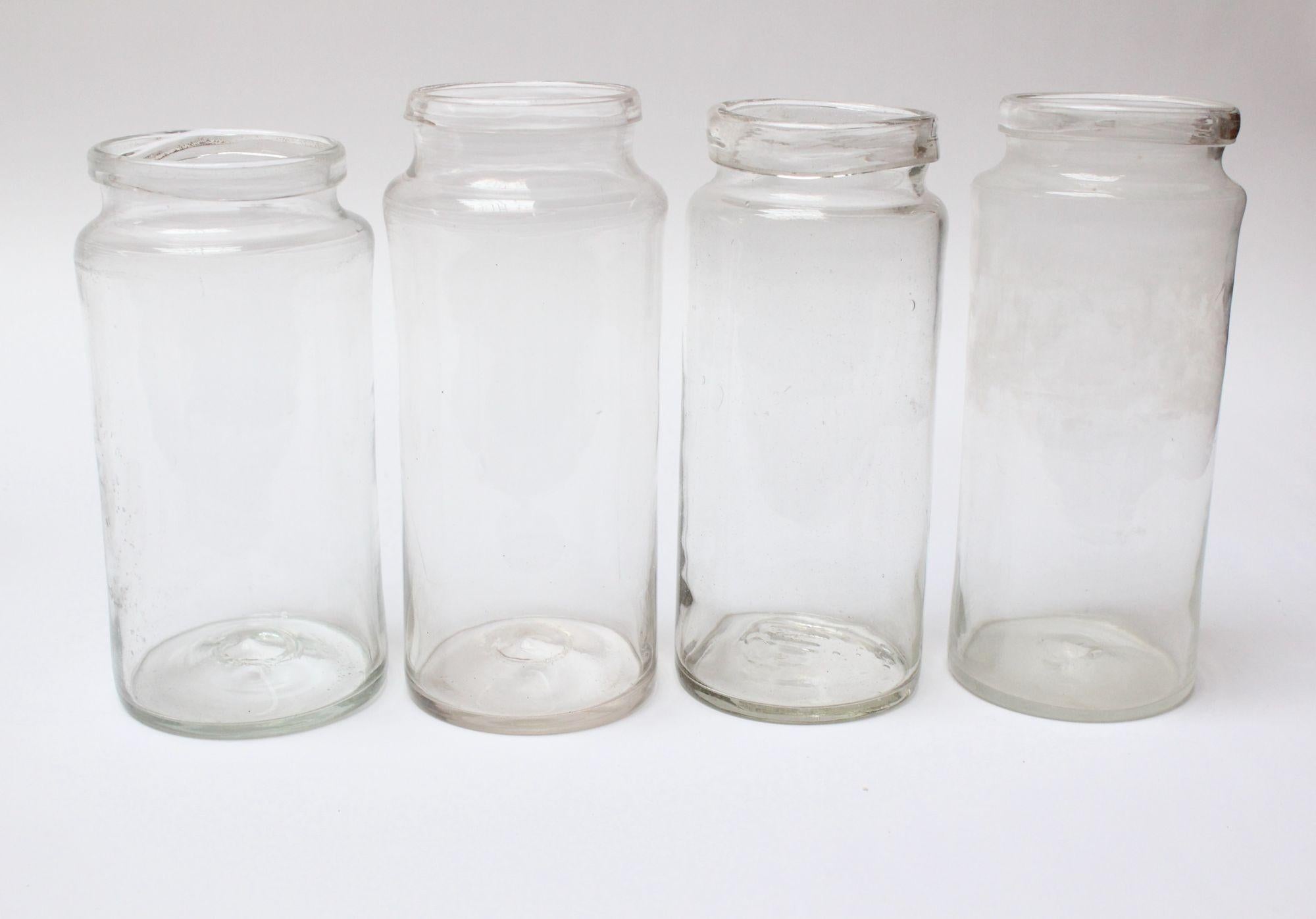 Blown Glass Single French Antique Blown Cylindrical Clear Glass Jar, Ten Available For Sale