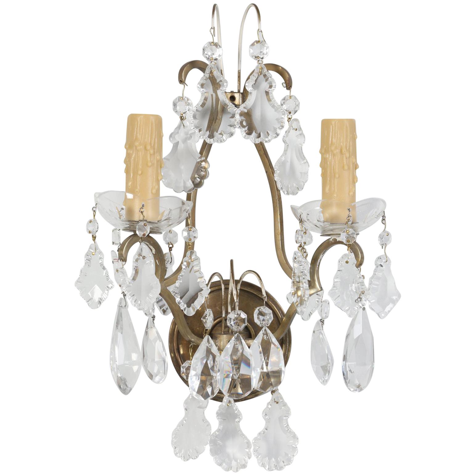 Single French Brass and Crystal Sconce
