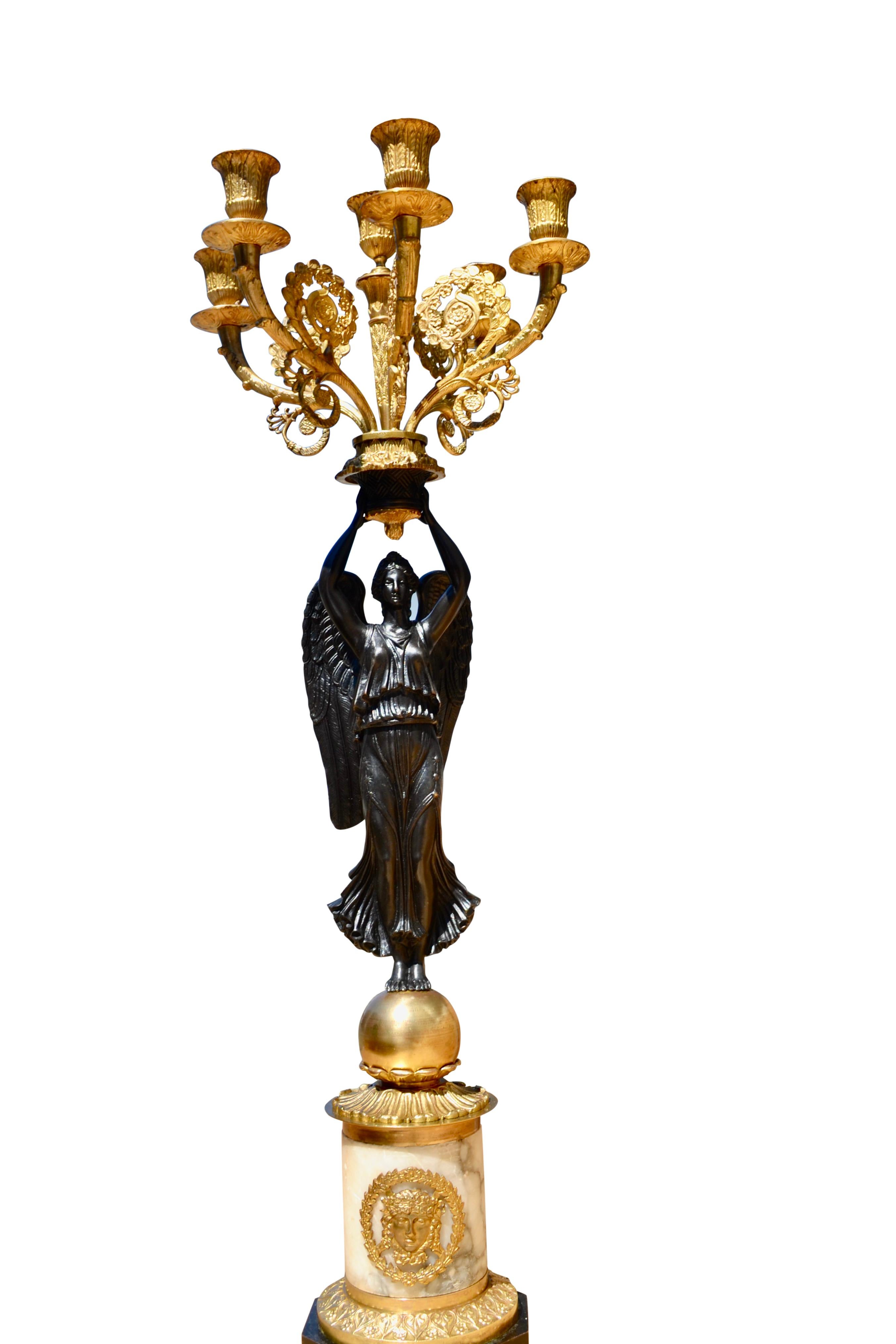 Single French Empire Style Patinated  and Gilt Bronze Winged Victory Candelabra For Sale 5
