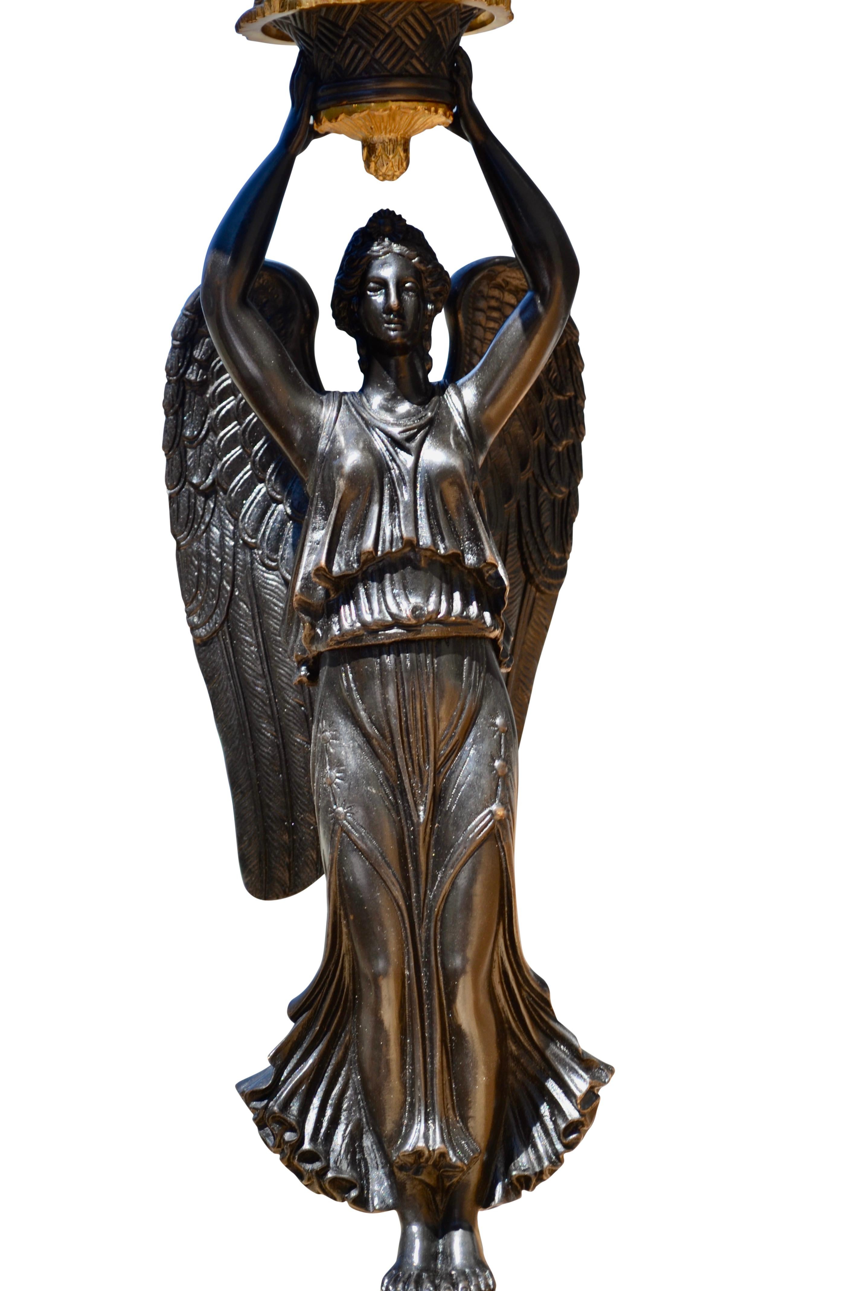 Single French Empire Style Patinated  and Gilt Bronze Winged Victory Candelabra For Sale 6