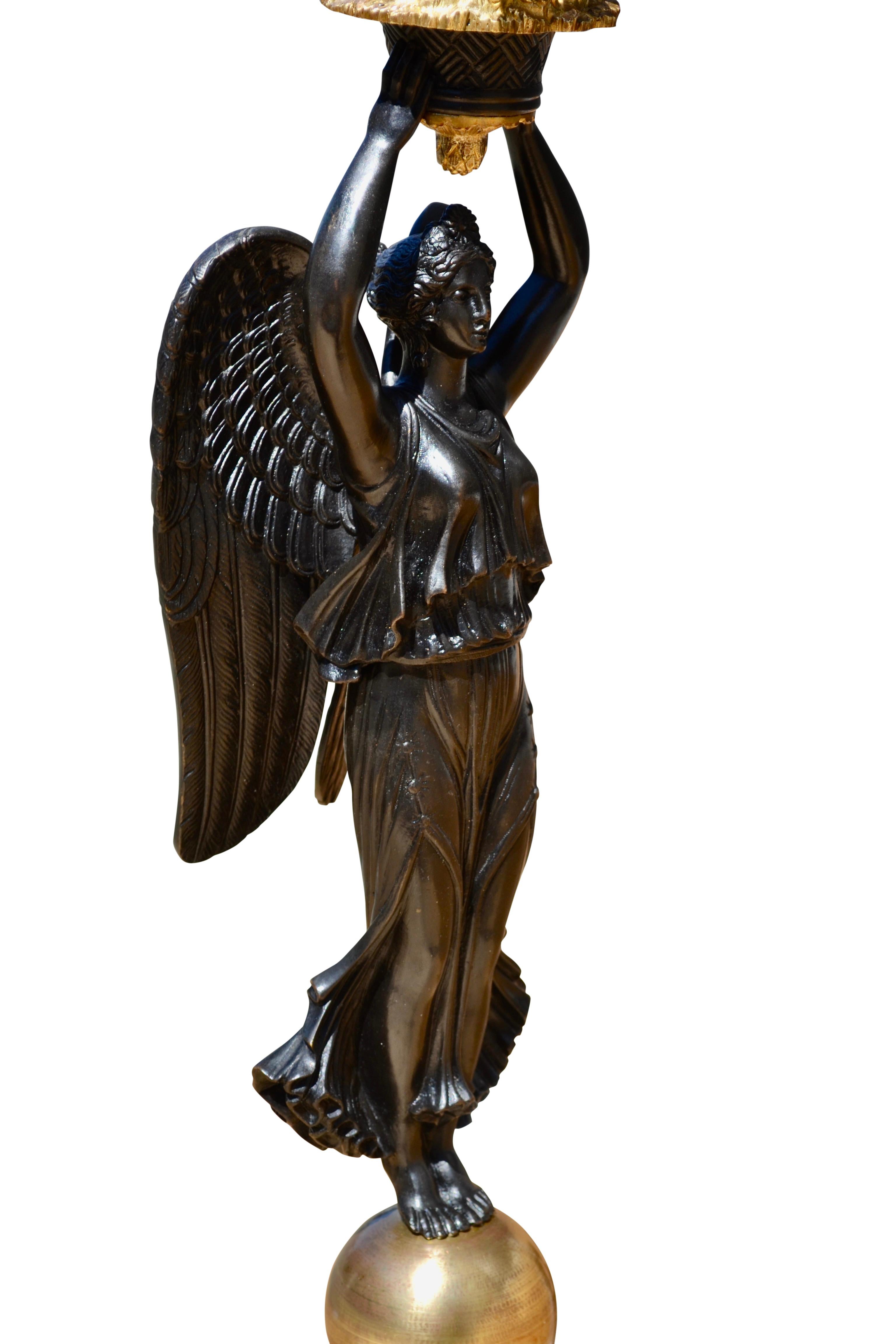 Single French Empire Style Patinated  and Gilt Bronze Winged Victory Candelabra For Sale 8