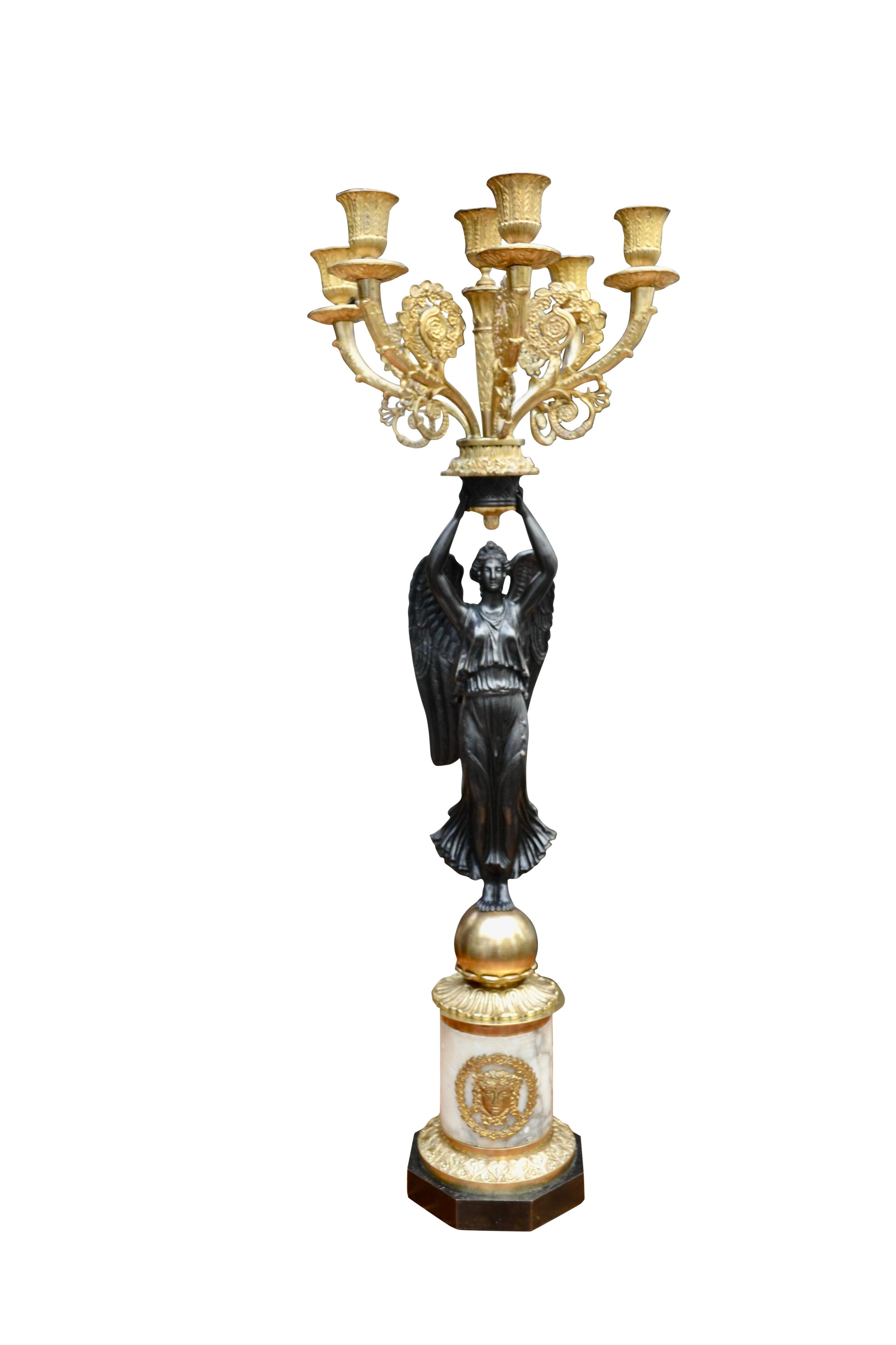 Single French Empire Style Patinated  and Gilt Bronze Winged Victory Candelabra For Sale 9