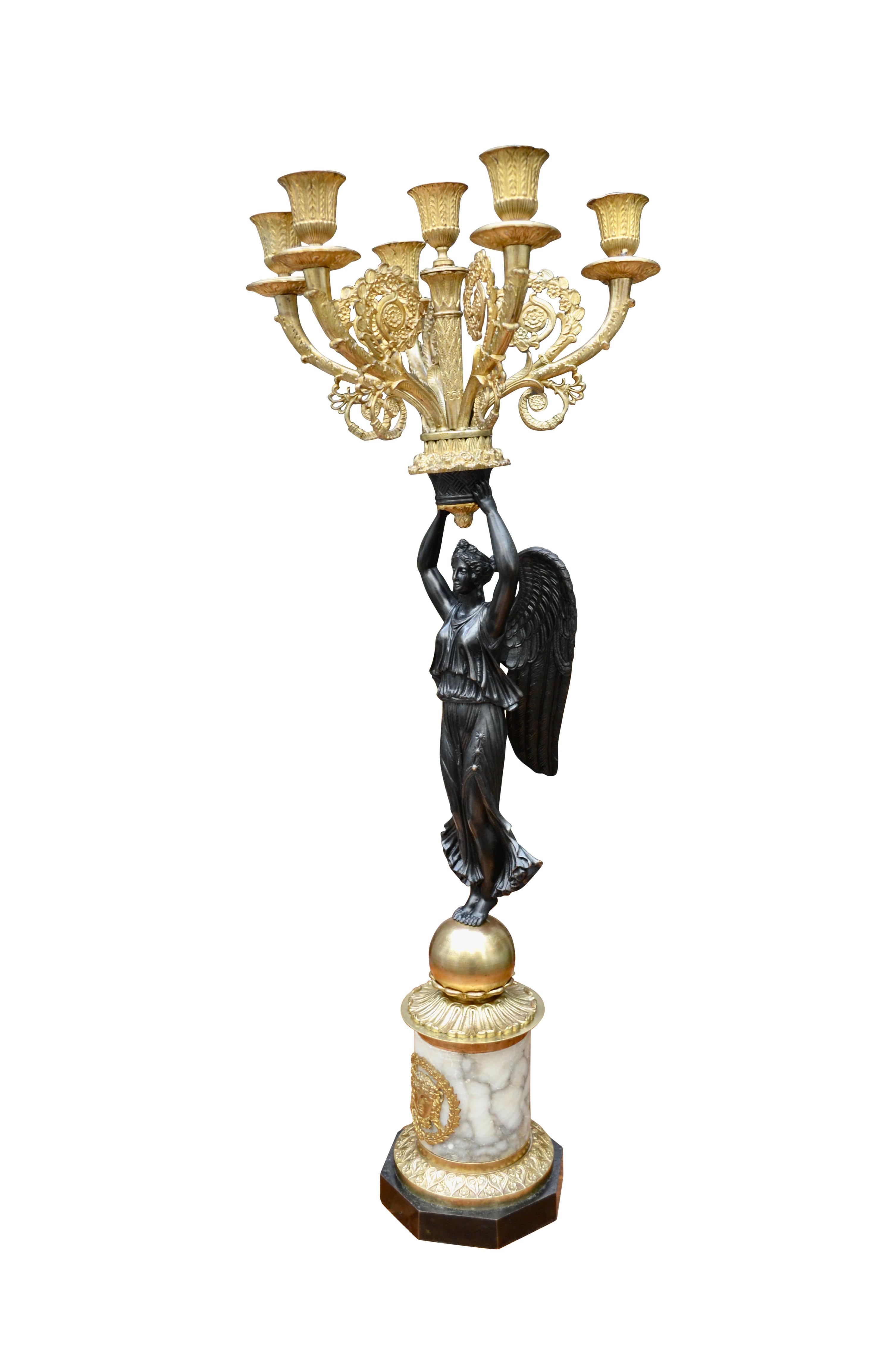 Single French Empire Style Patinated  and Gilt Bronze Winged Victory Candelabra For Sale 10