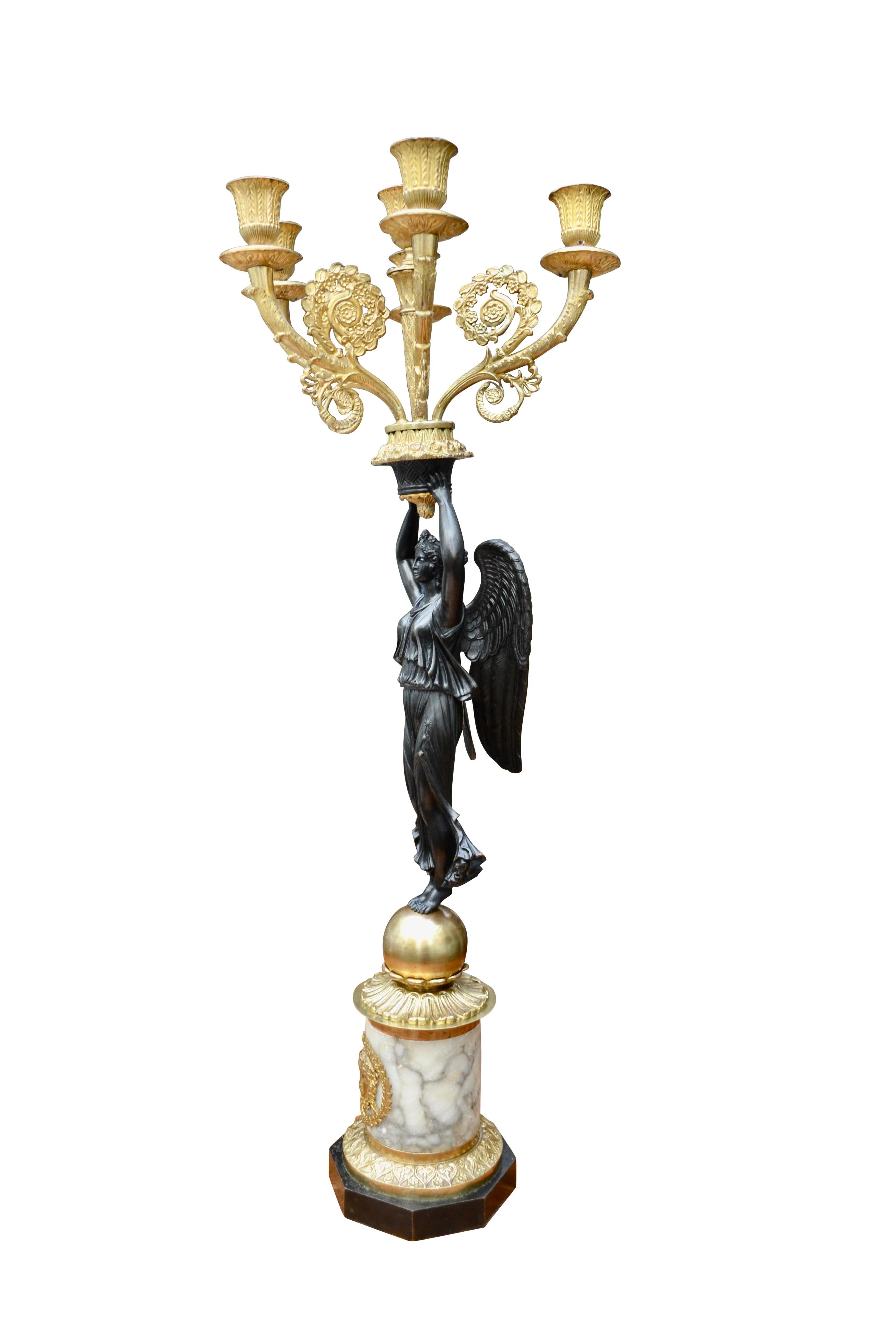 Single French Empire Style Patinated  and Gilt Bronze Winged Victory Candelabra For Sale 11