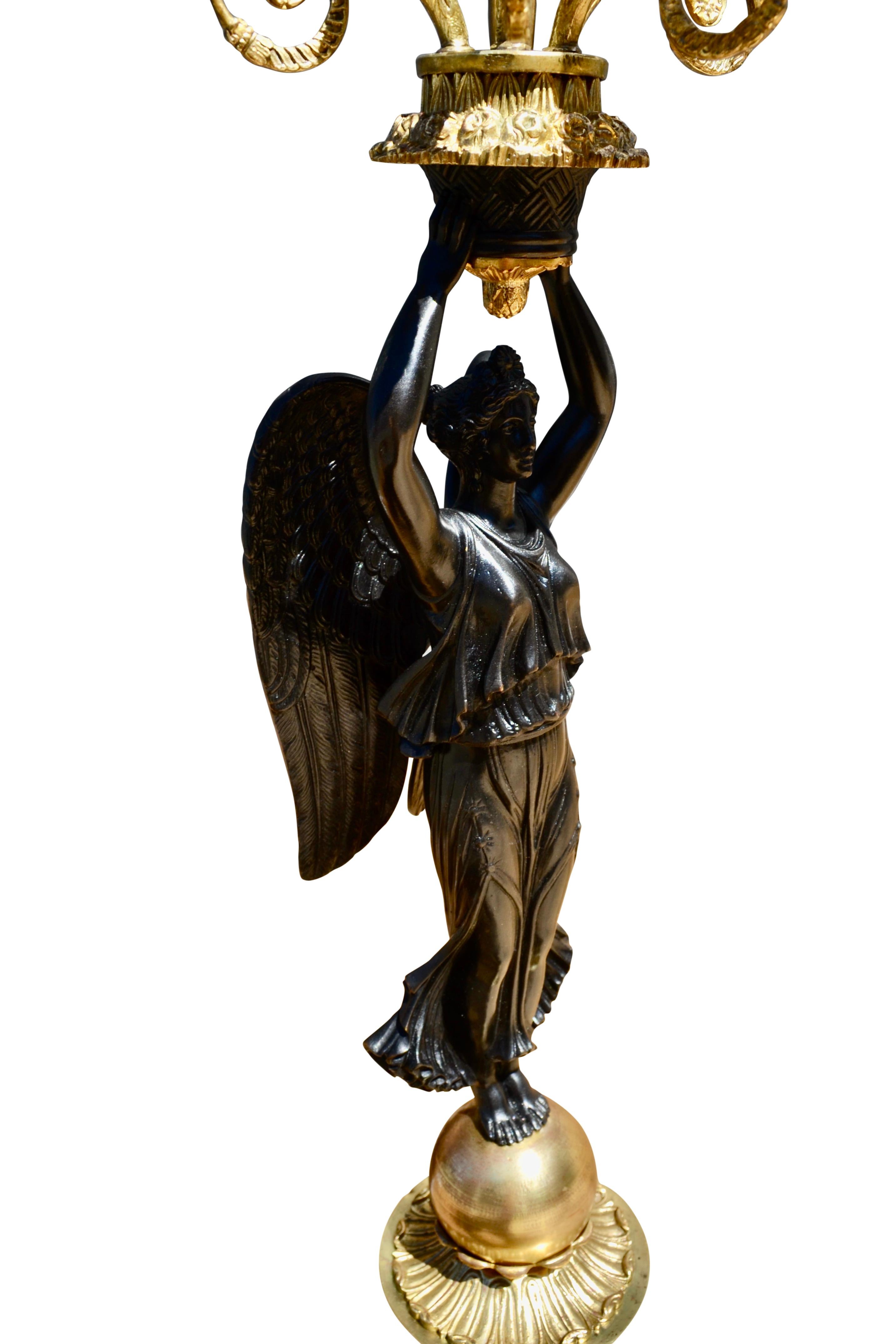 Hand-Carved Single French Empire Style Patinated  and Gilt Bronze Winged Victory Candelabra For Sale
