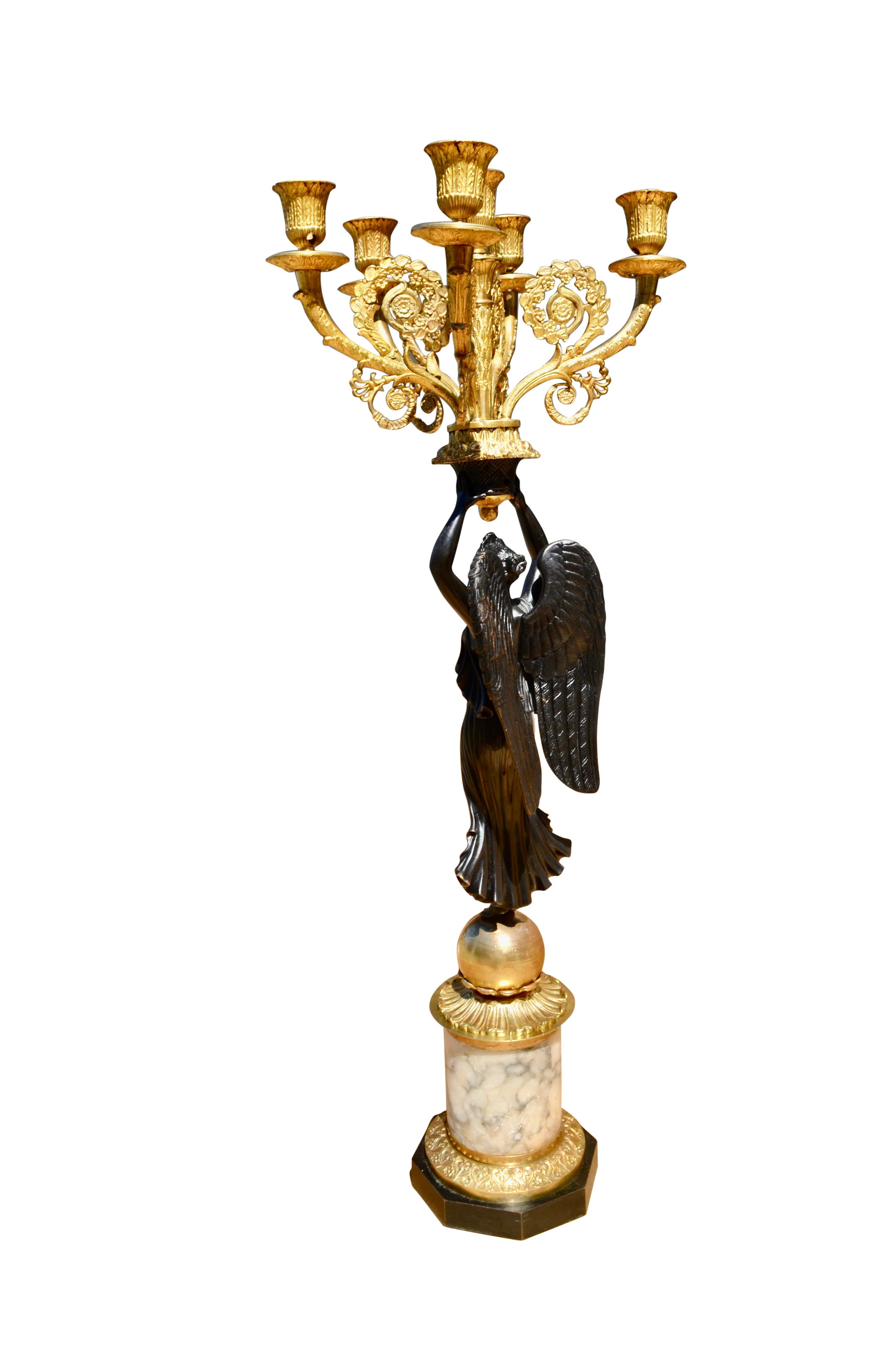 19th Century Single French Empire Style Patinated  and Gilt Bronze Winged Victory Candelabra For Sale