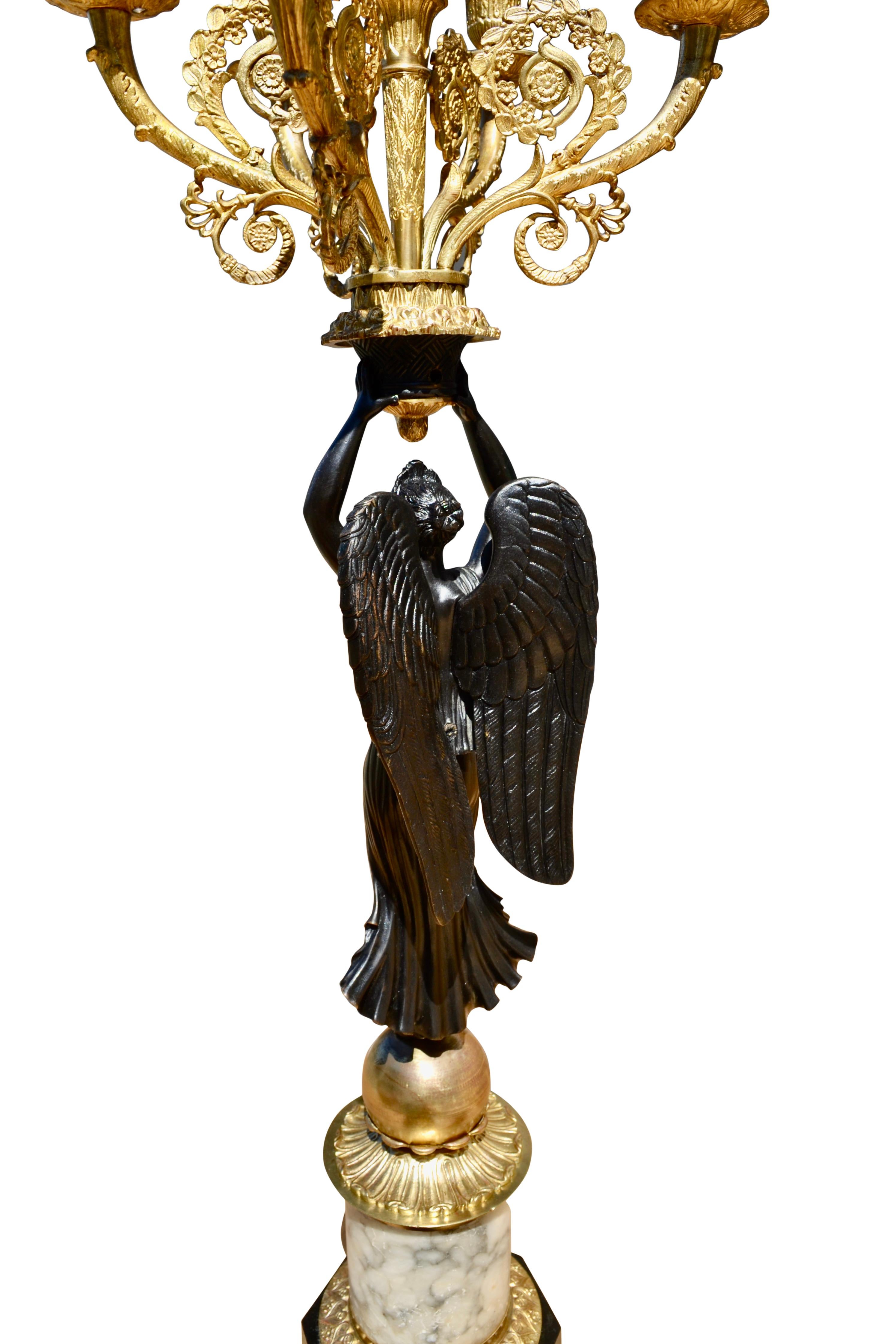 Single French Empire Style Patinated  and Gilt Bronze Winged Victory Candelabra For Sale 1