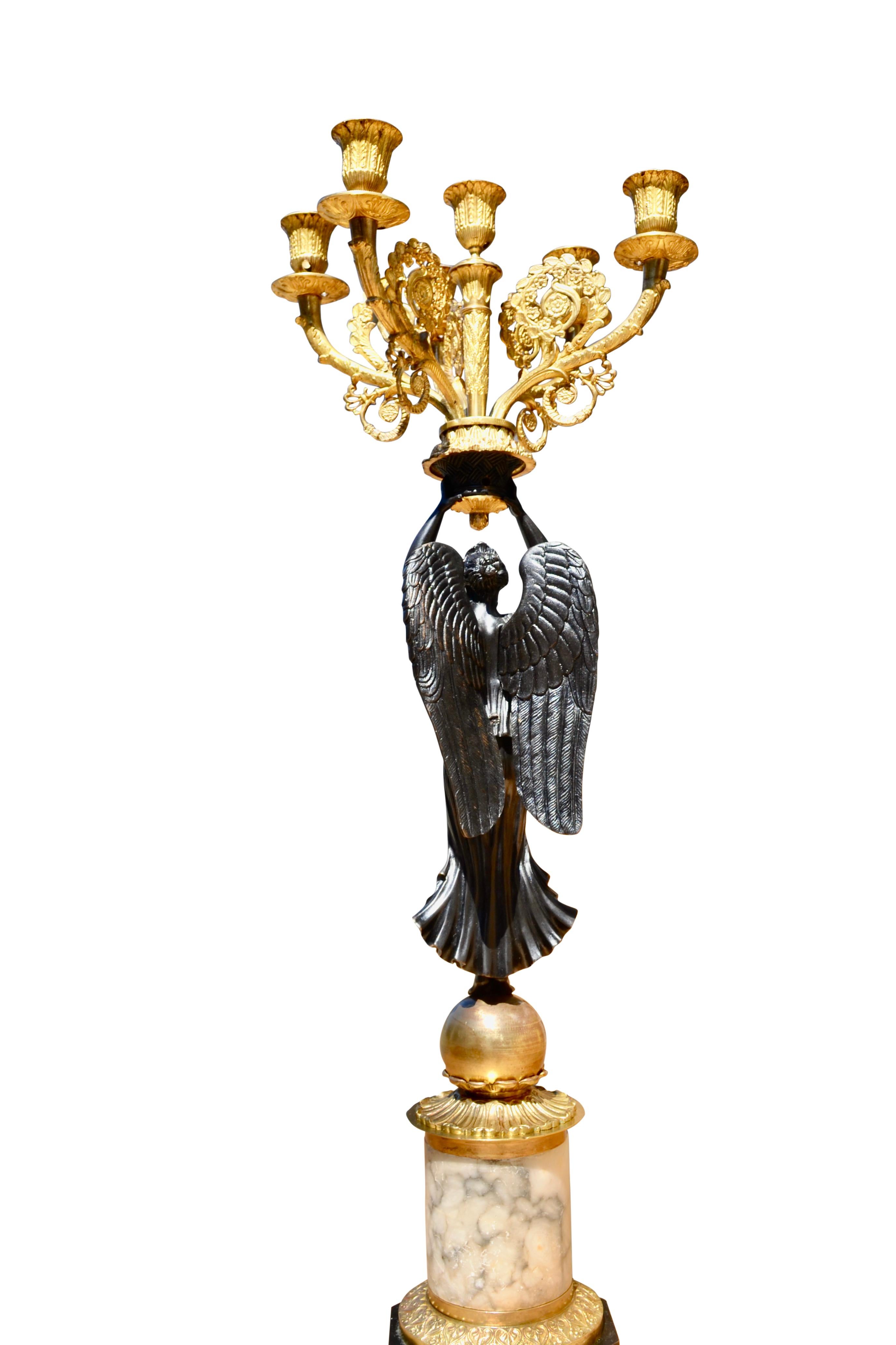 Single French Empire Style Patinated  and Gilt Bronze Winged Victory Candelabra For Sale 2