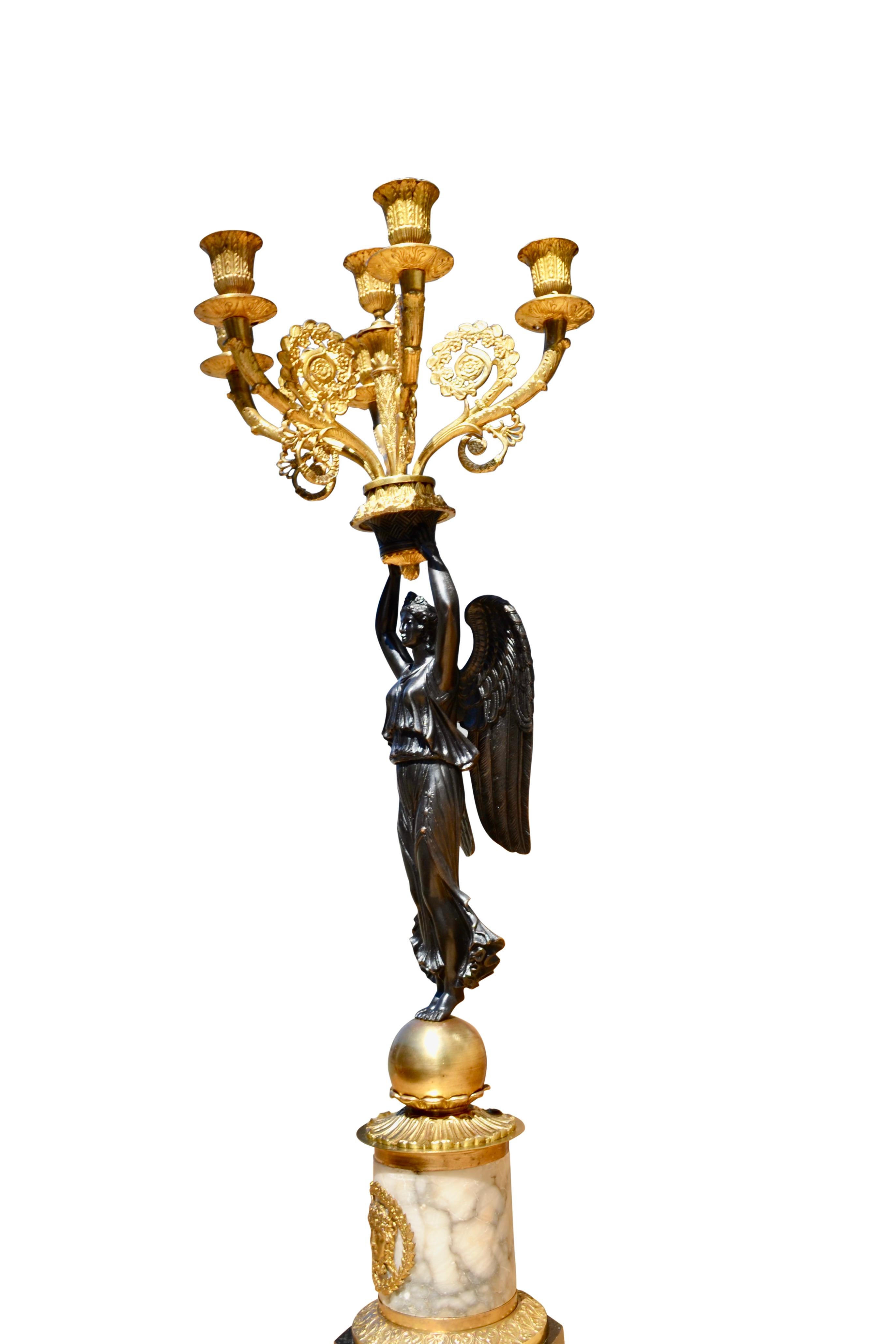 Single French Empire Style Patinated  and Gilt Bronze Winged Victory Candelabra For Sale 3