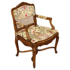 Single French Louis XV Cane Walnut Carved Boudoir or Corner Chair, Circa 1940