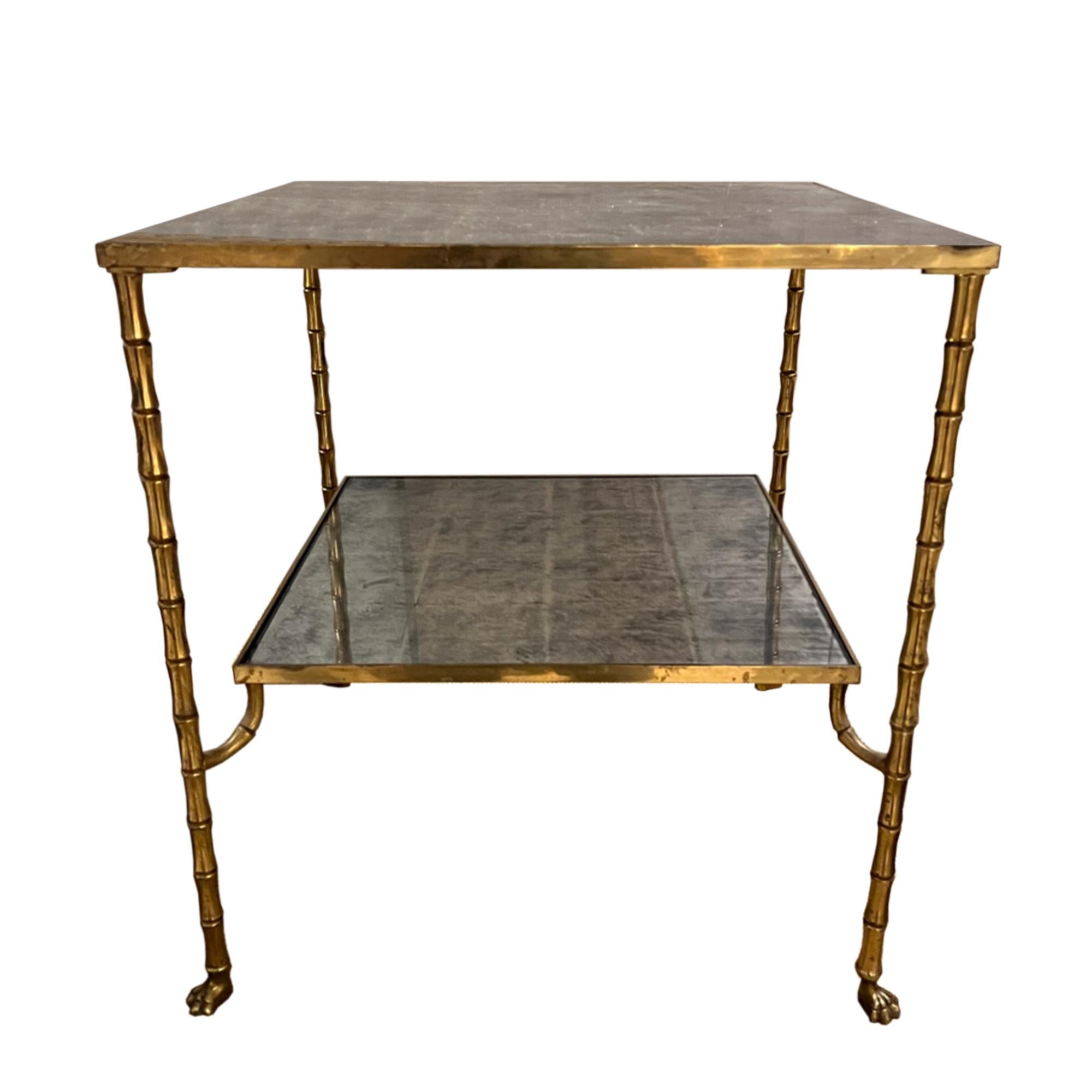 Mid-Century Modern Single French Midcentury Side Table - Faux Bamboo With Eglomise Glass For Sale