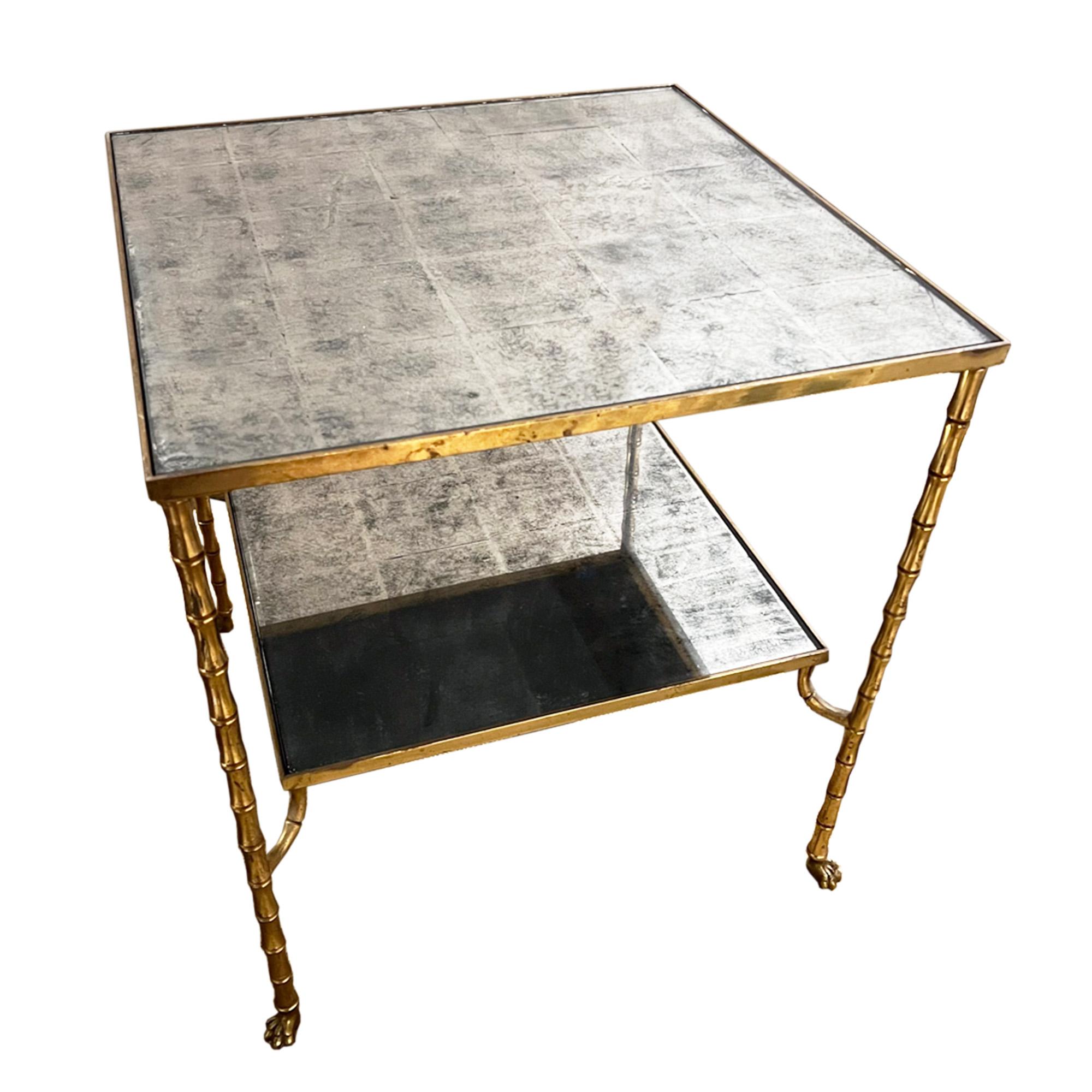 Hand-Crafted Single French Midcentury Side Table - Faux Bamboo With Eglomise Glass For Sale
