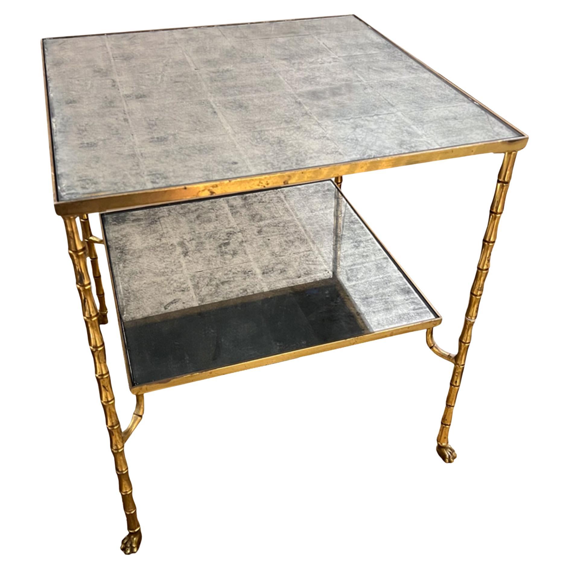 Single French Midcentury Side Table - Faux Bamboo With Eglomise Glass For Sale