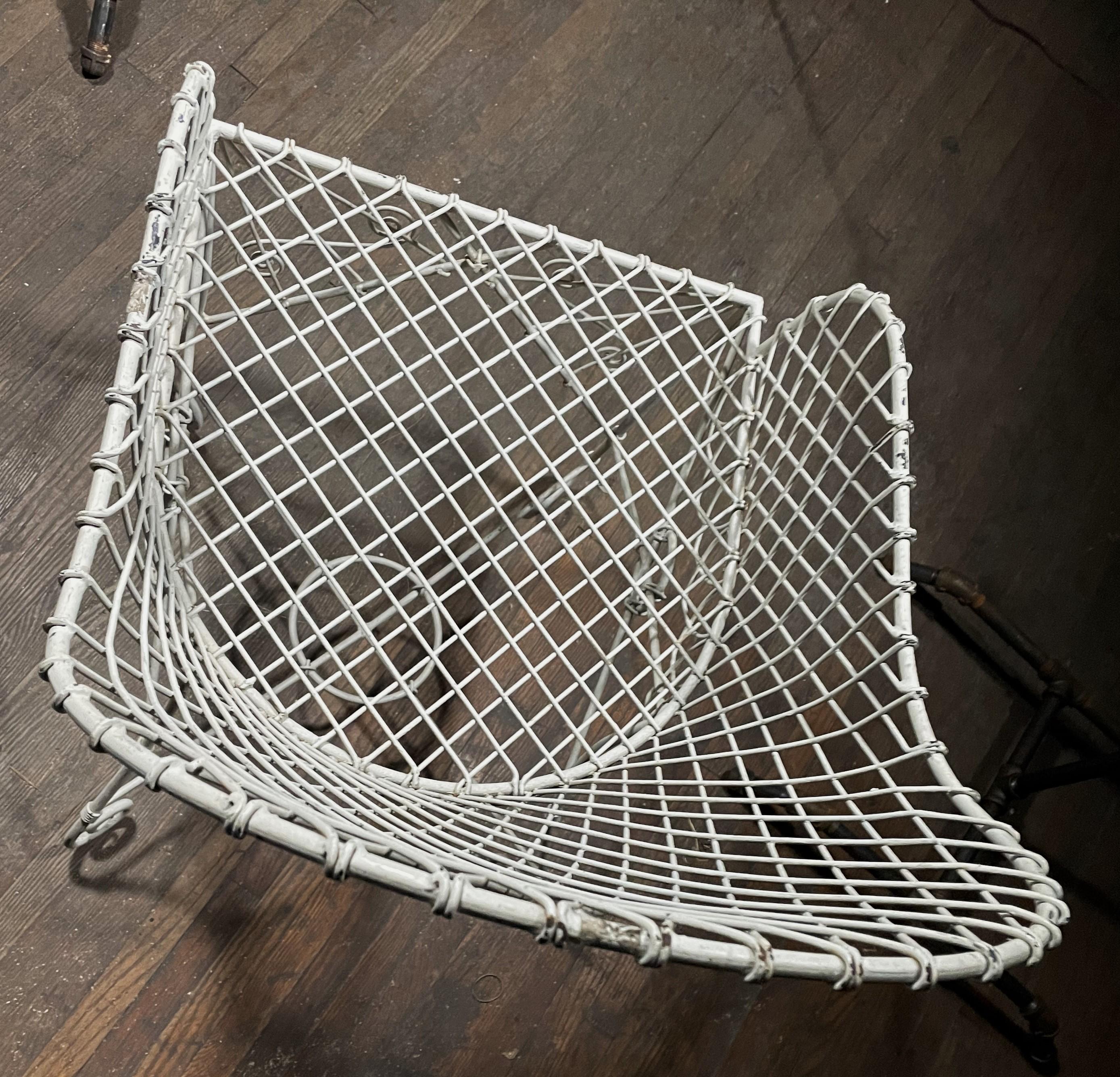 Wrought Iron Single French White Painted Iron Wire Tub Back Patio Chair  For Sale