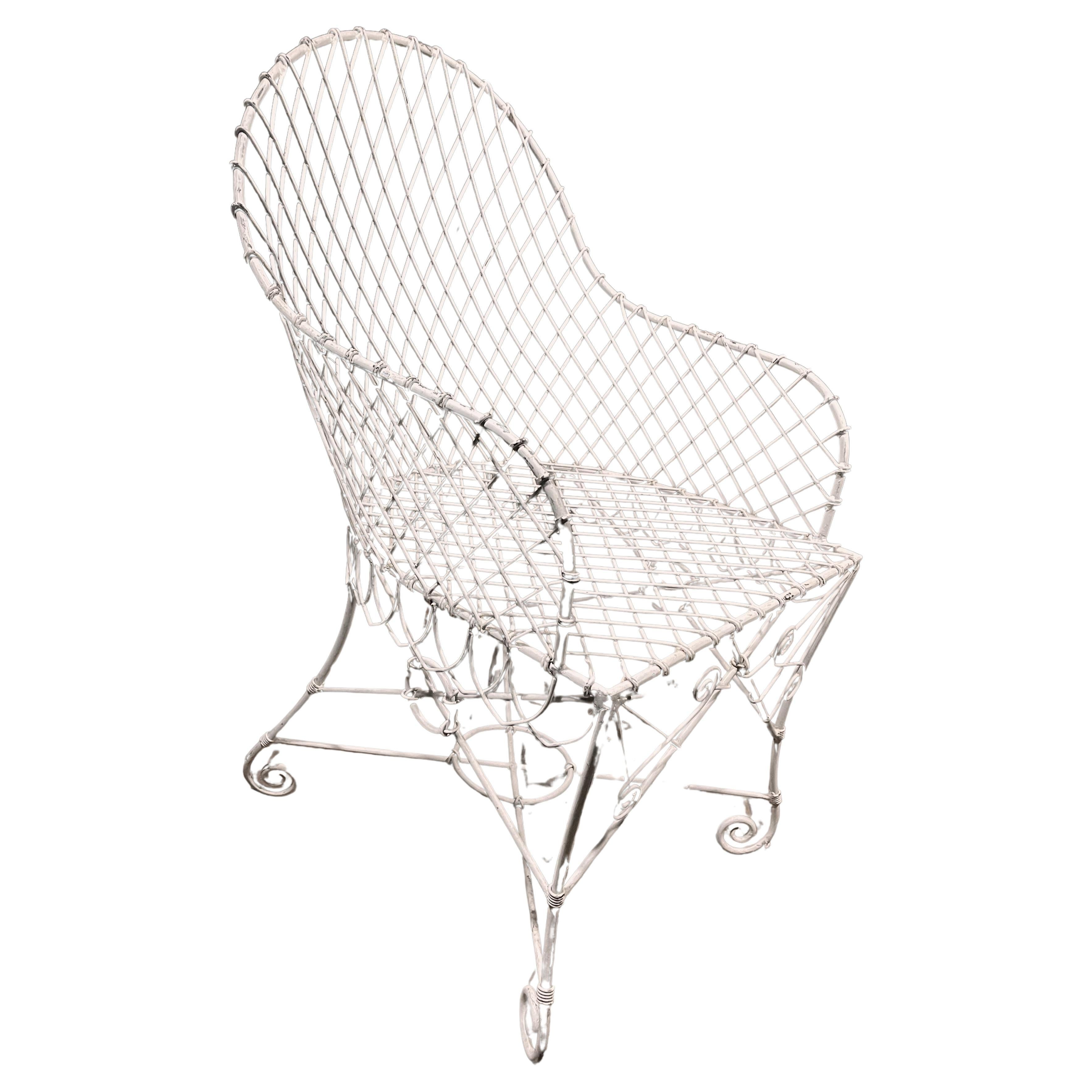 Single French White Painted Iron Wire Tub Back Patio Chair  For Sale
