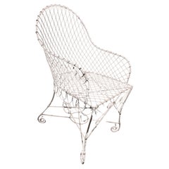 Single French White Painted Iron Wire Tub Back Patio Chair 