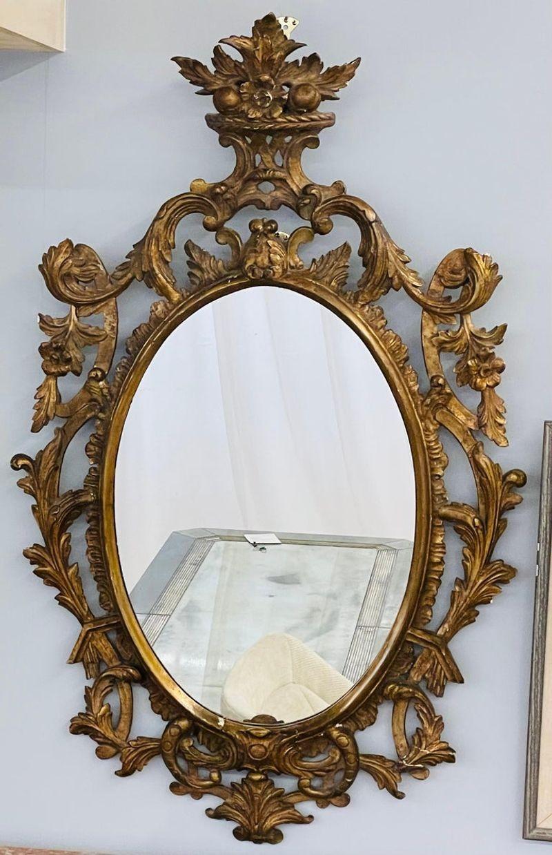 Hollywood Regency Single Giltwood Italian Floral Motif Mirror, Wall / Console / Pier, Italy, 1960s For Sale