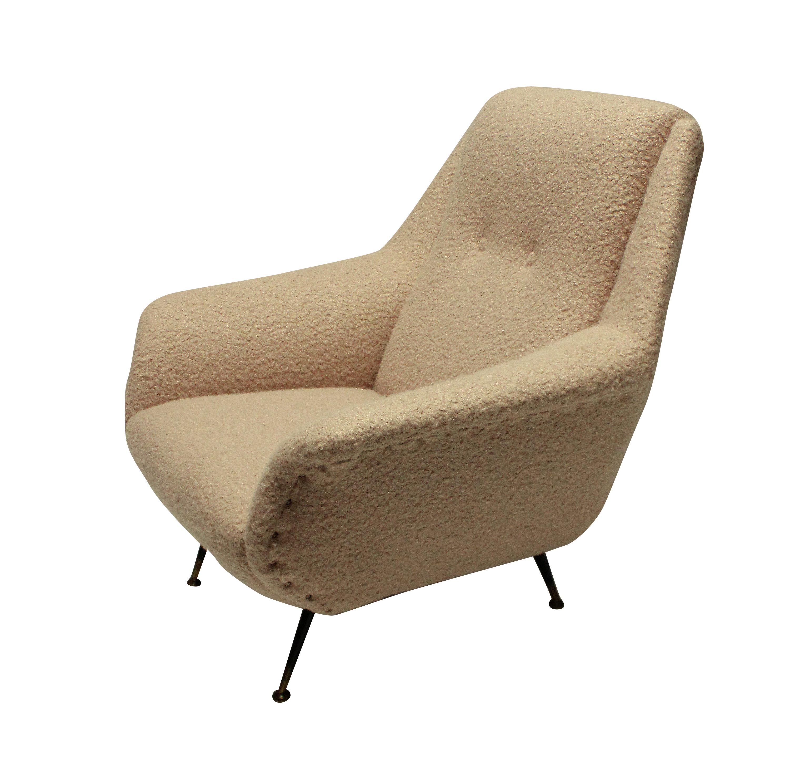 An Italian armchair by Gio Ponti. Newly upholstered in designers Guild's Baluchi, a dusty pink lamb’s wool.