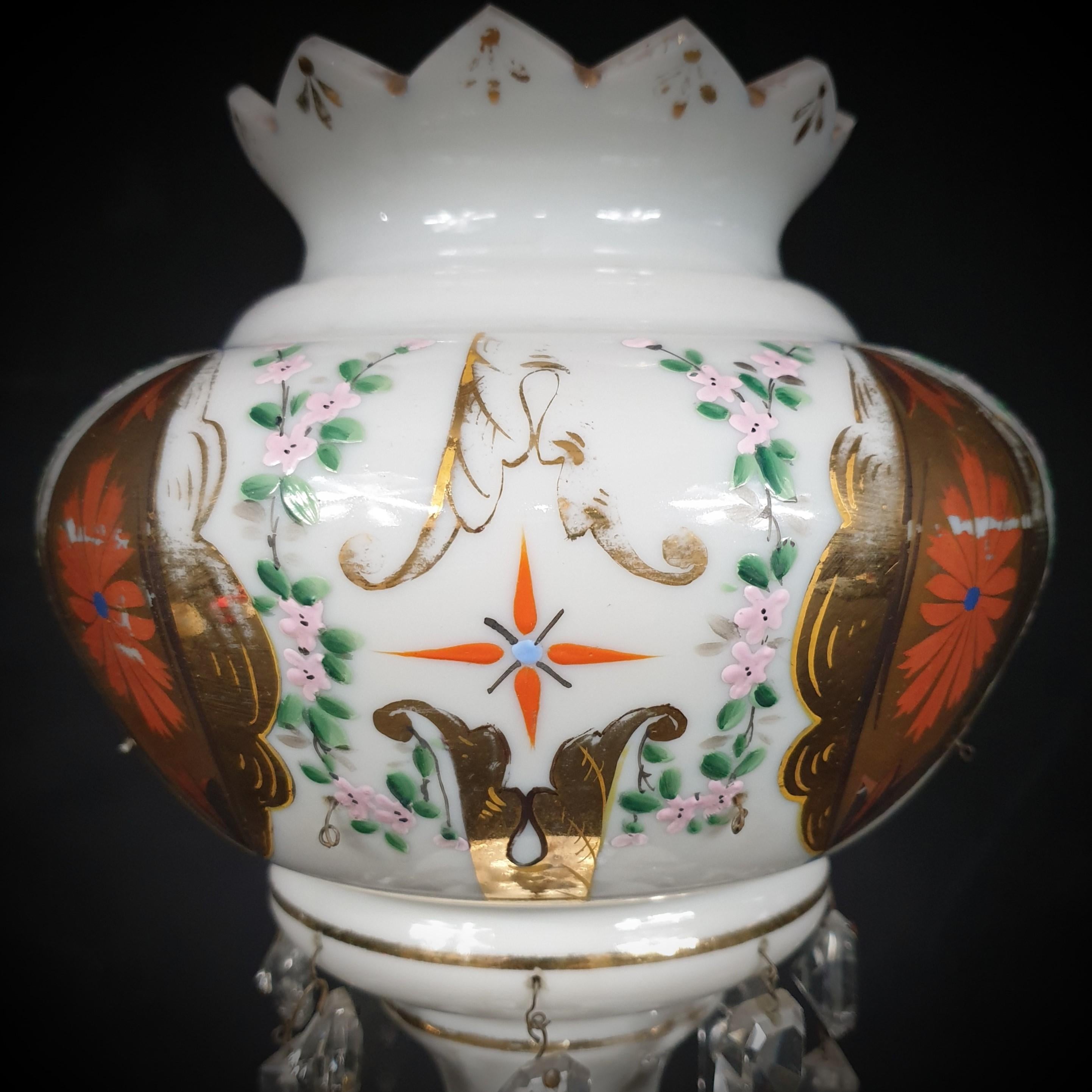 Single Goblet Shaped, Gilded and Painted White Opaline Glass Luster, Late 19th C For Sale 3