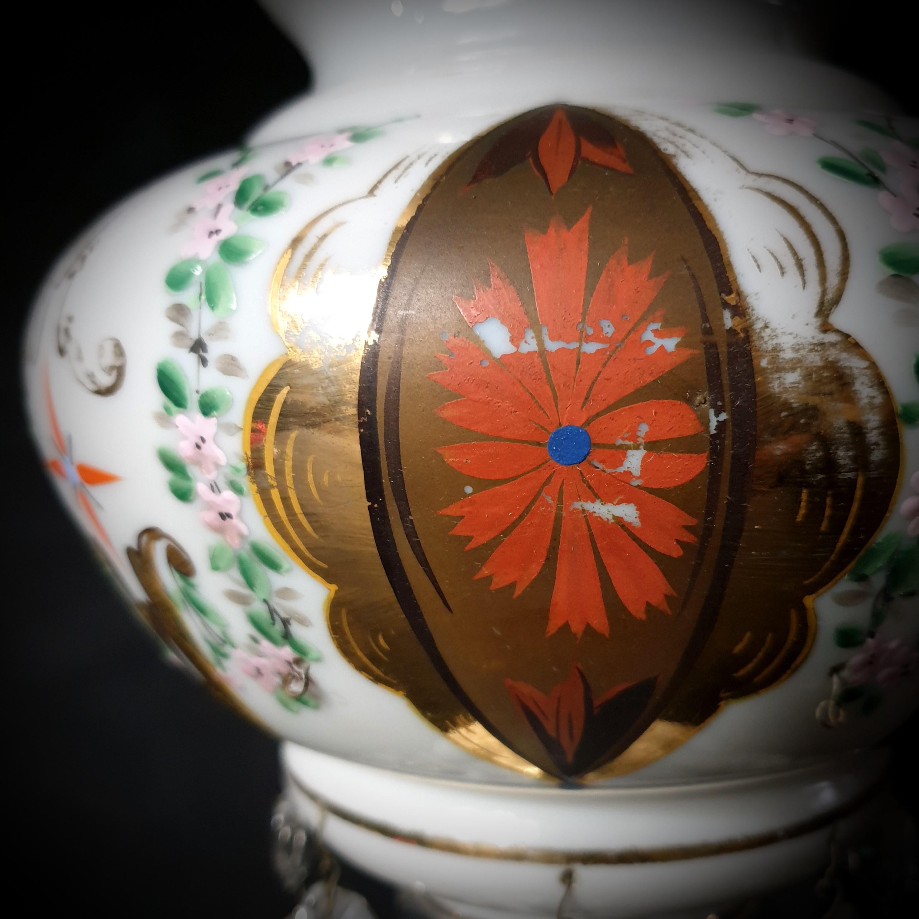 French Single Goblet Shaped, Gilded and Painted White Opaline Glass Luster, Late 19th C For Sale