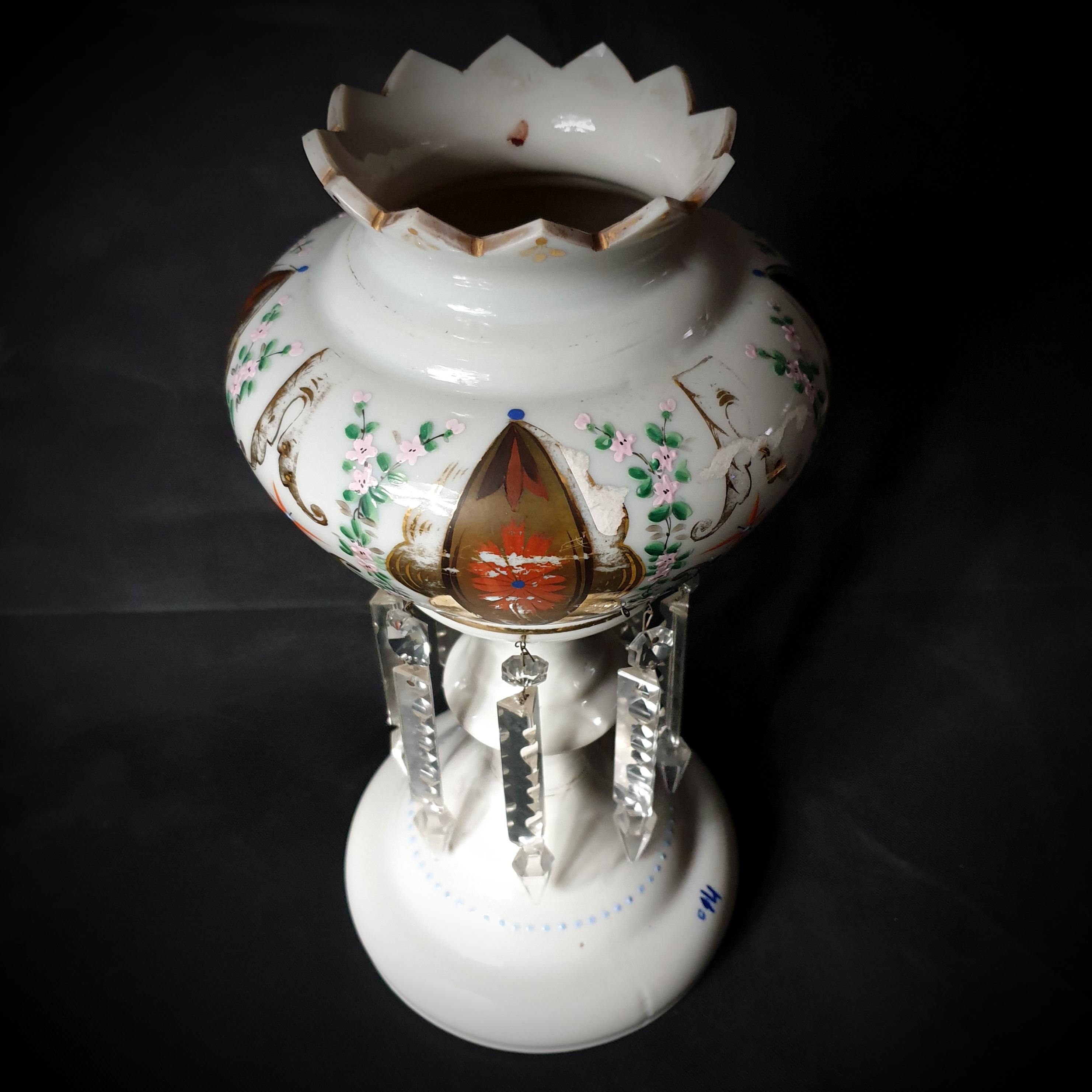 Single Goblet Shaped, Gilded and Painted White Opaline Glass Luster, Late 19th C For Sale 2