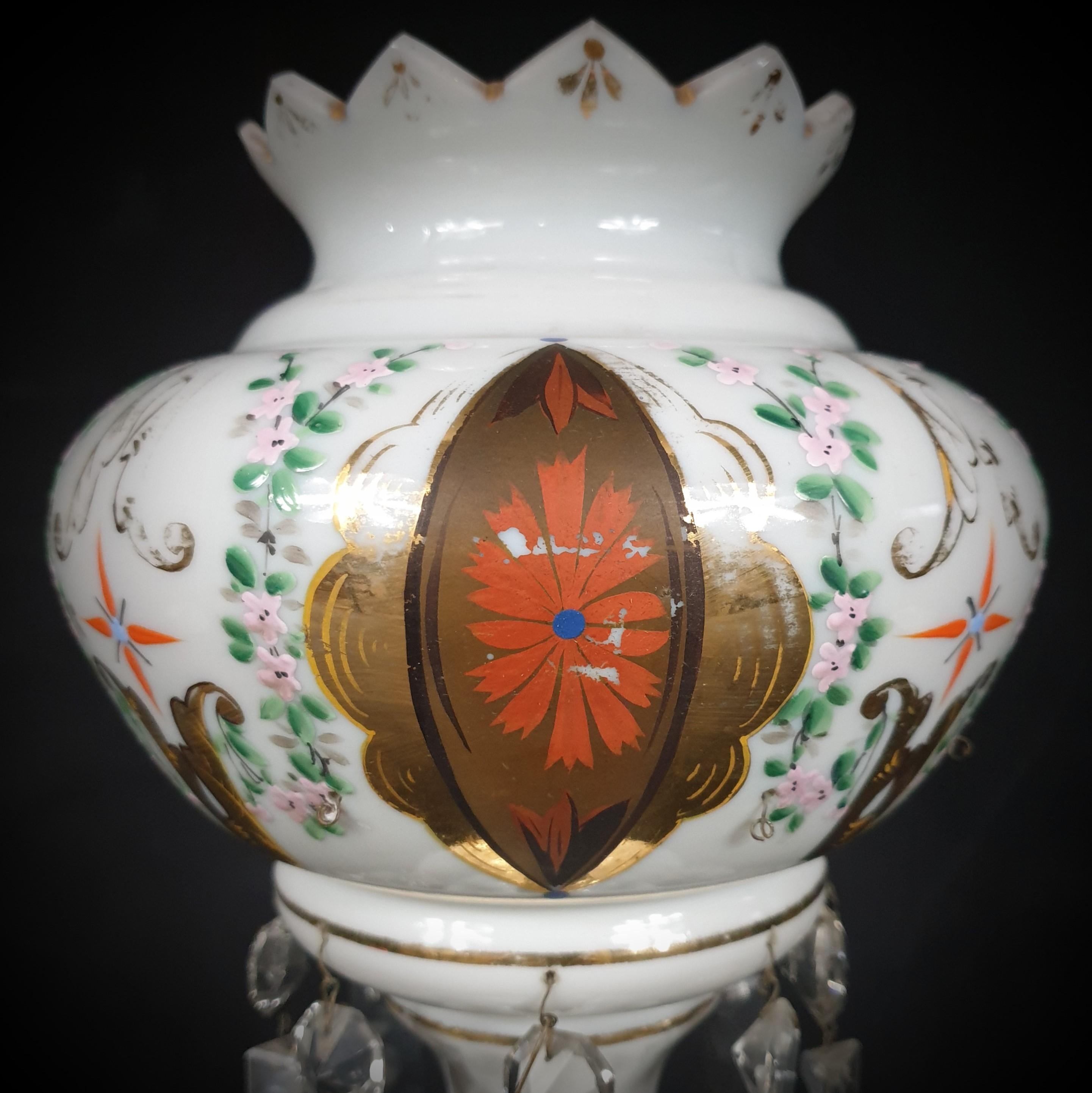 Single Goblet Shaped, Gilded and Painted White Opaline Glass Luster, Late 19th C For Sale 3