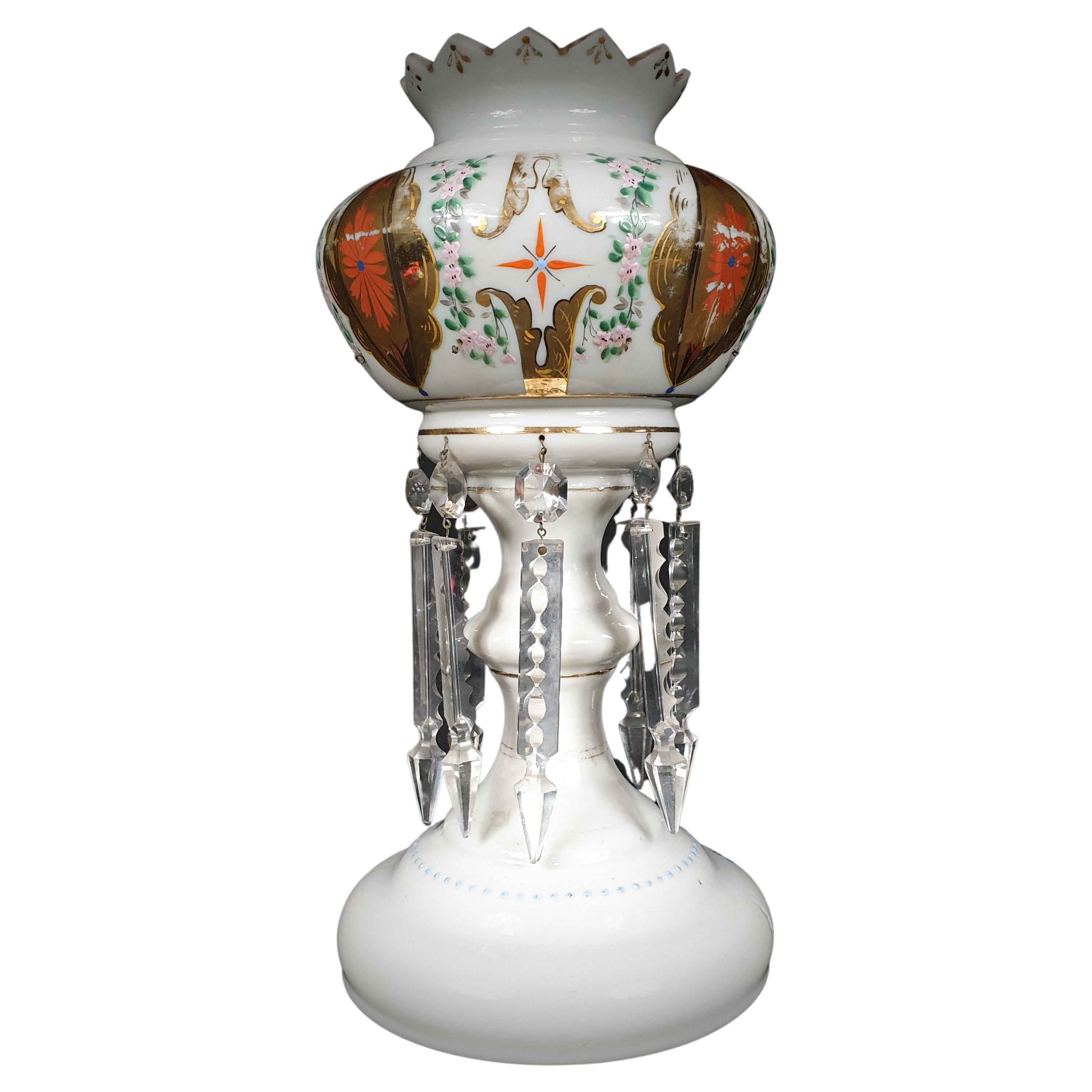 Single Goblet Shaped, Gilded and Painted White Opaline Glass Luster, Late 19th C For Sale