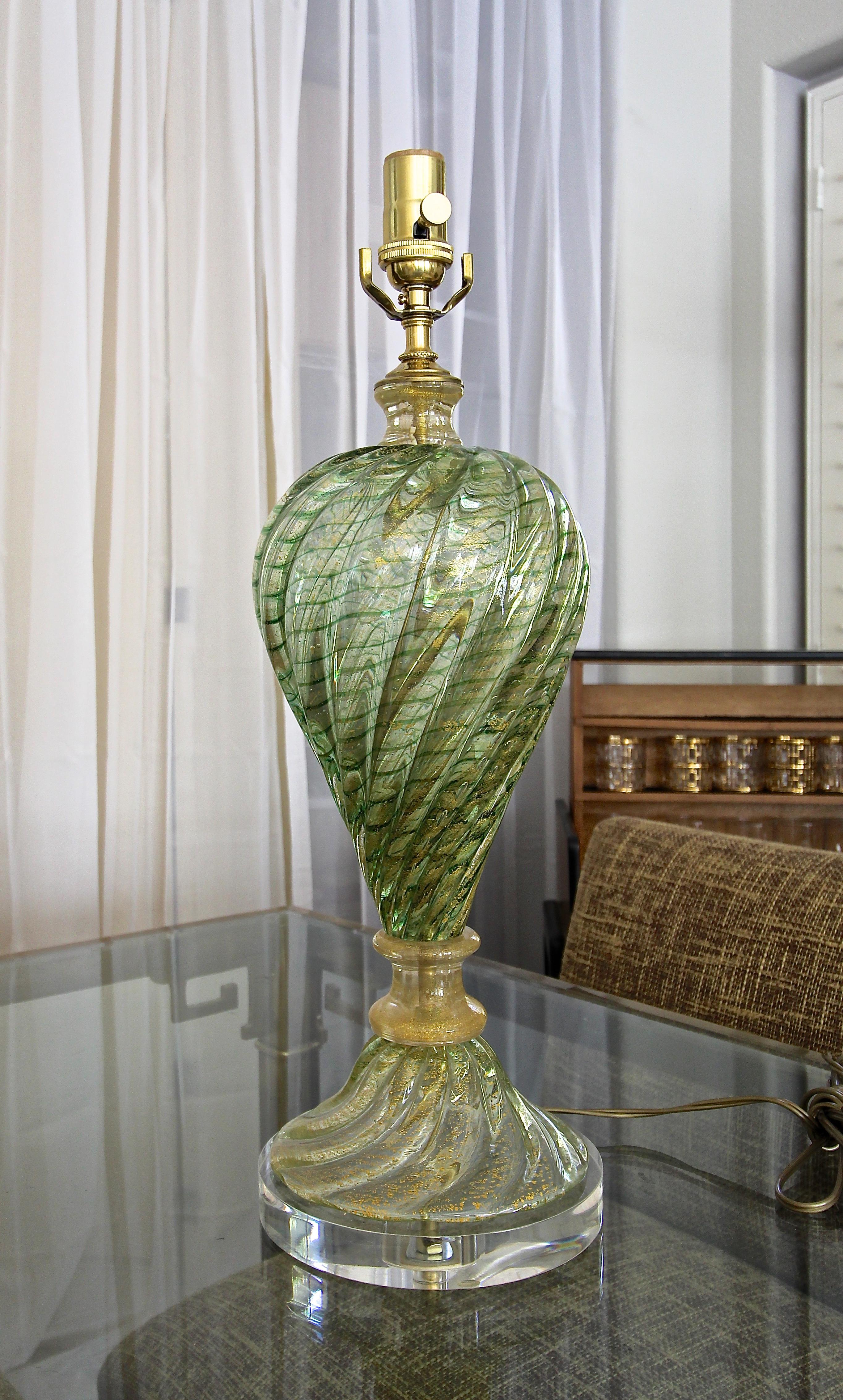 Blown Glass Single Green and Gold Italian Murano Barovier Glass Table Lamp