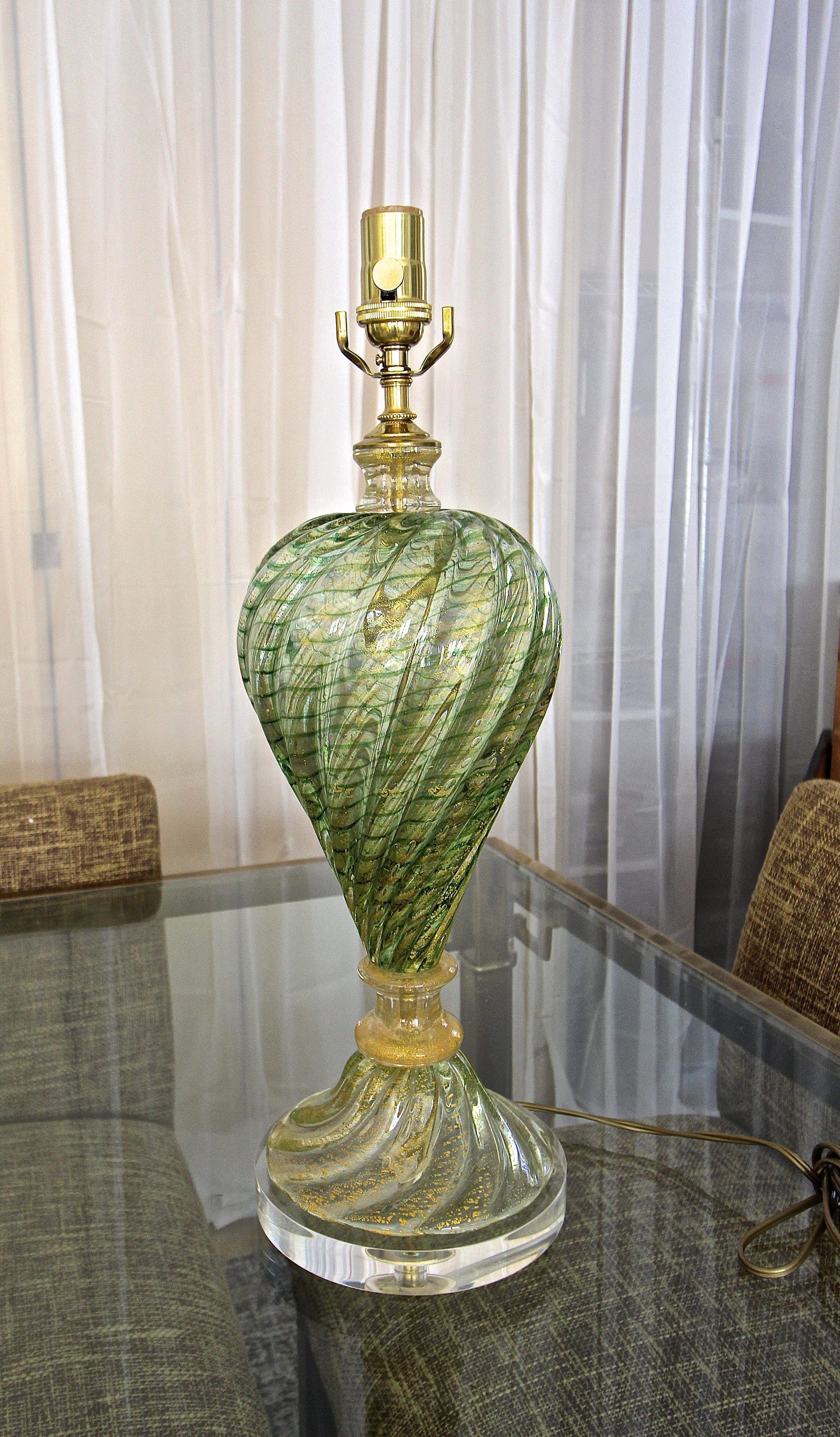 Single Green and Gold Italian Murano Barovier Glass Table Lamp 1
