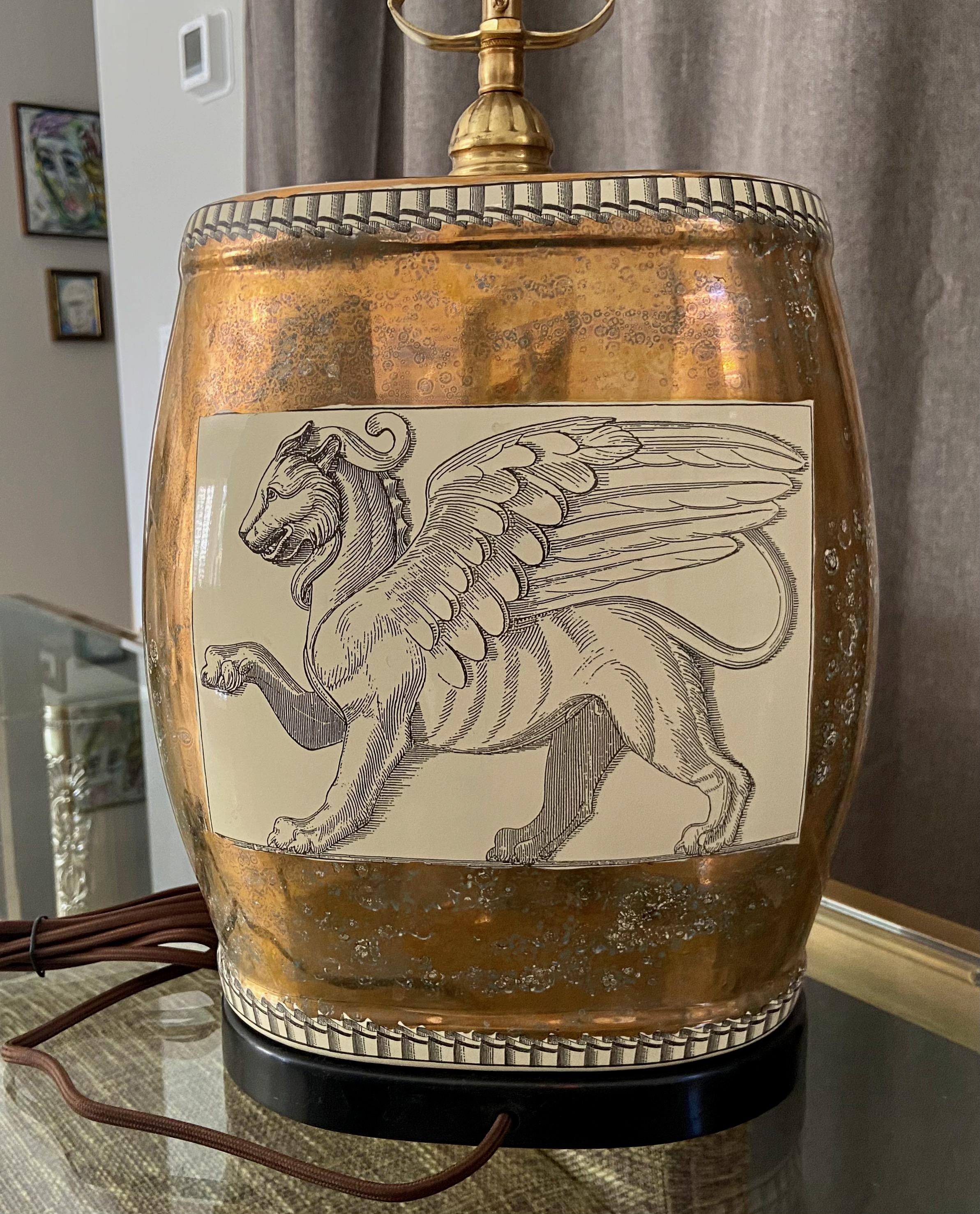 Late 20th Century Single Griffin Lion Motif Porcelain Table Lamp For Sale