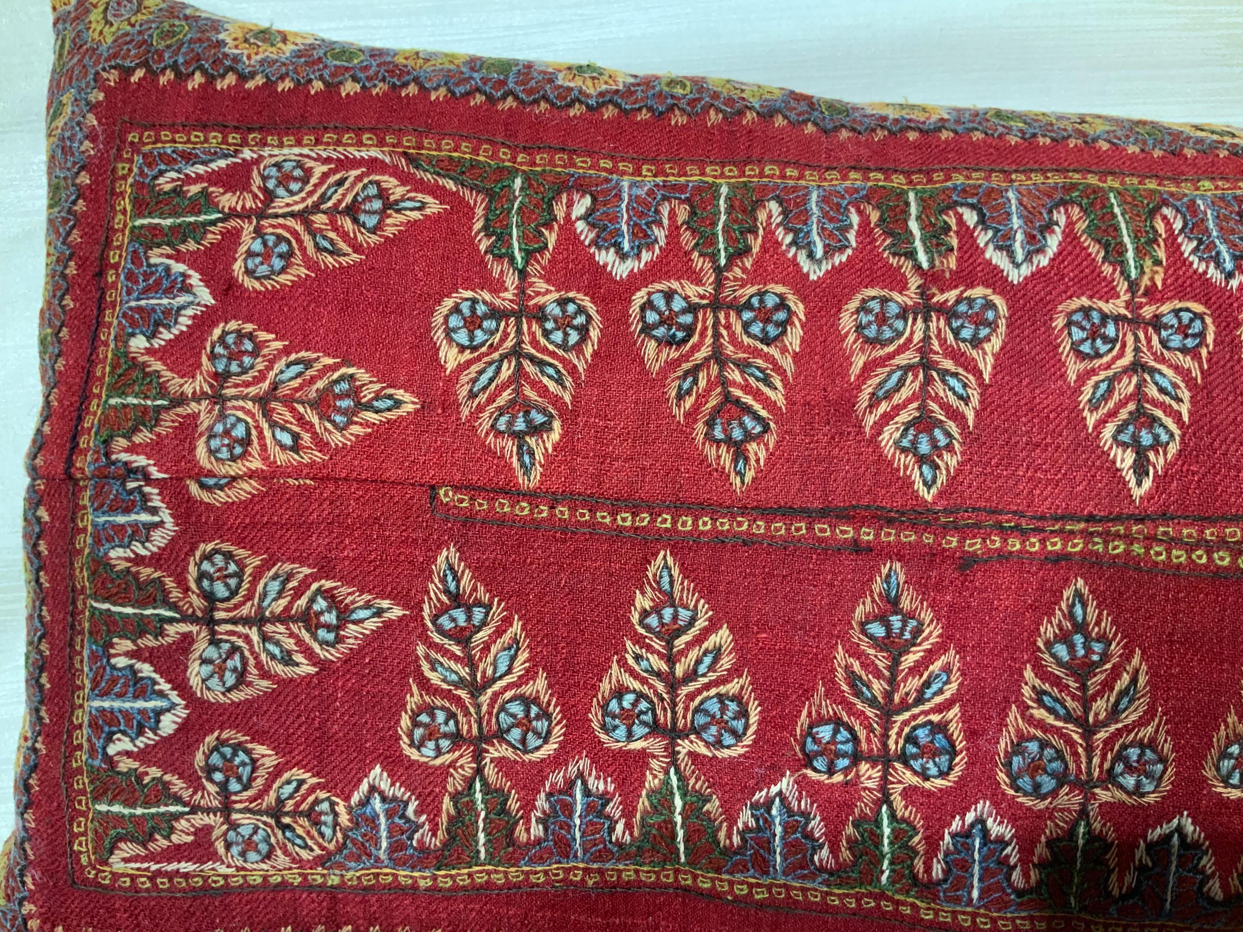 Beautiful hand embroidery front pillow made of Persian Kermonsha province antique textile.
Very detailed floral and vine motifs. Great horizontal pillow.
Frash insert.
Fine cotton backing.