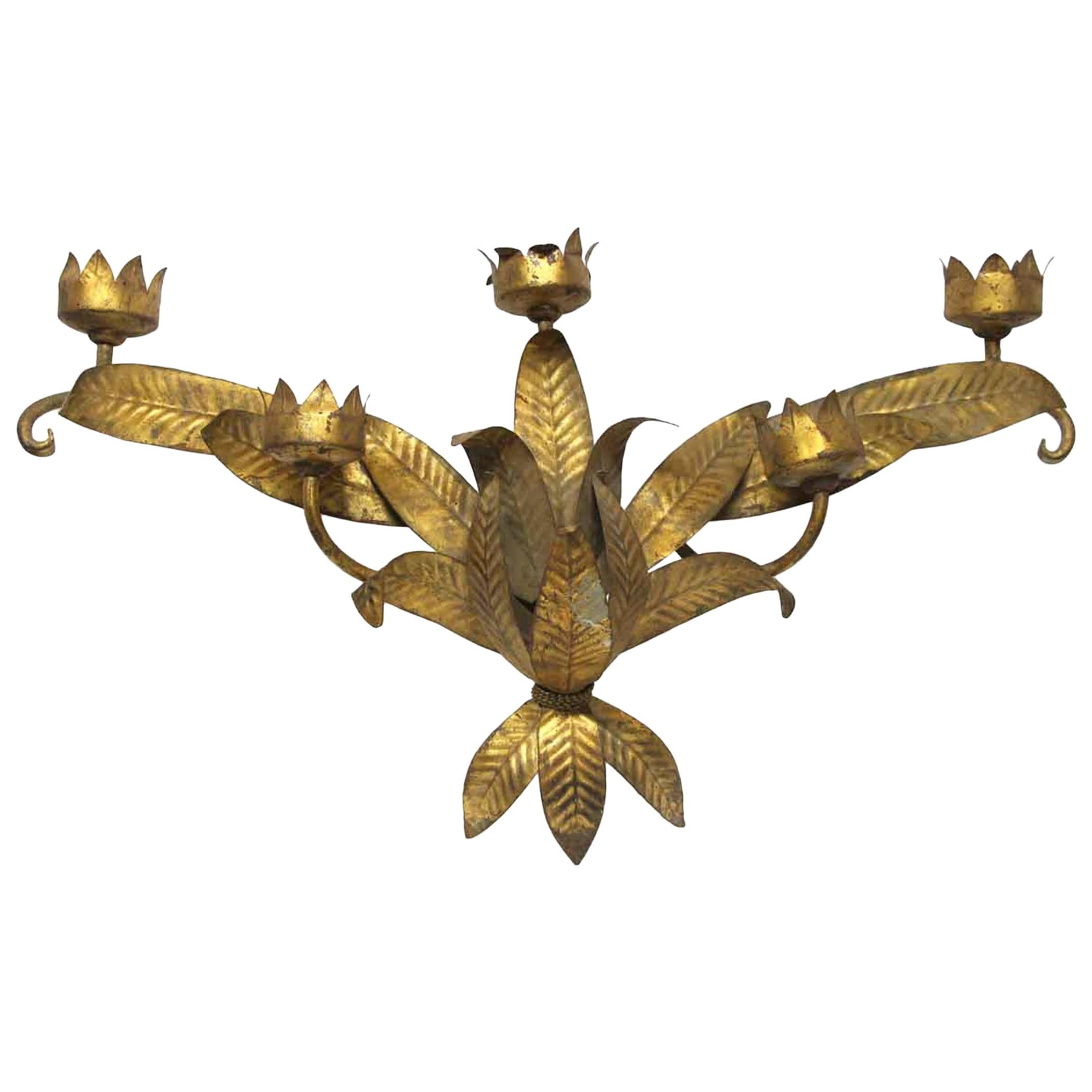 Single Hand Hammered Five Light Floral Steel Candle Wall Sconce with Gold Finish
