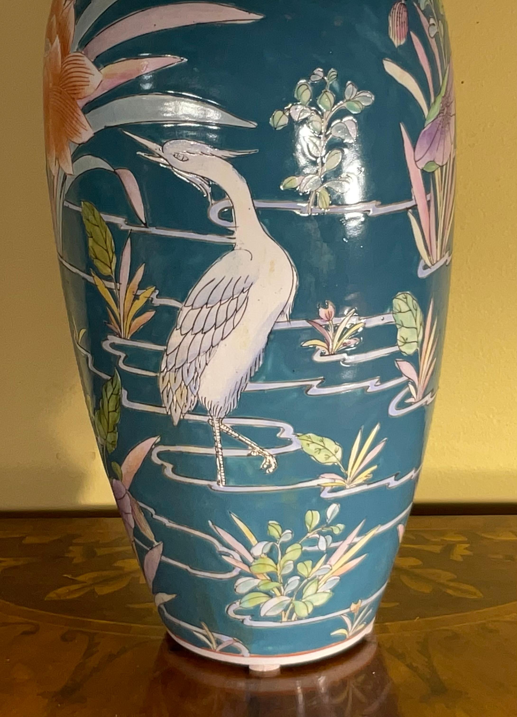 Hand-Crafted Single Hand Painted Mid Century Chinese Vase For Sale