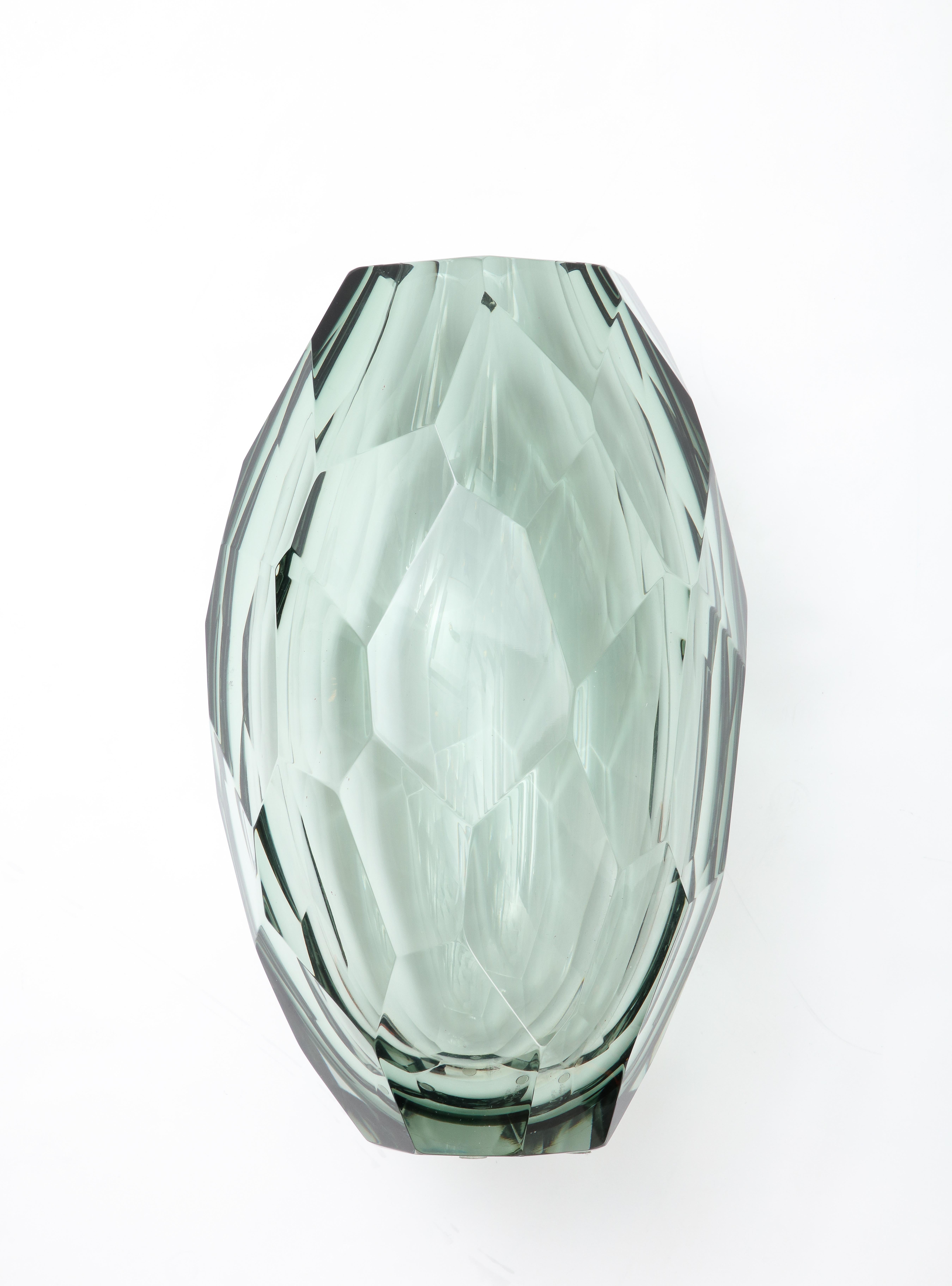 Single Handblown Faceted Grey Green Murano glass vase, handcrafted in Italy by the Murano glass master, Alberto Dona, and signed. This vase is heavy and substantial and handblown in a thick and solid Murano glass. The faceted scales throughout the