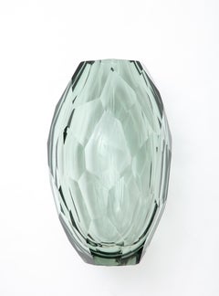 Single Handblown Faceted Green Gray Murano Glass Vase, Signed, Italy, 2022