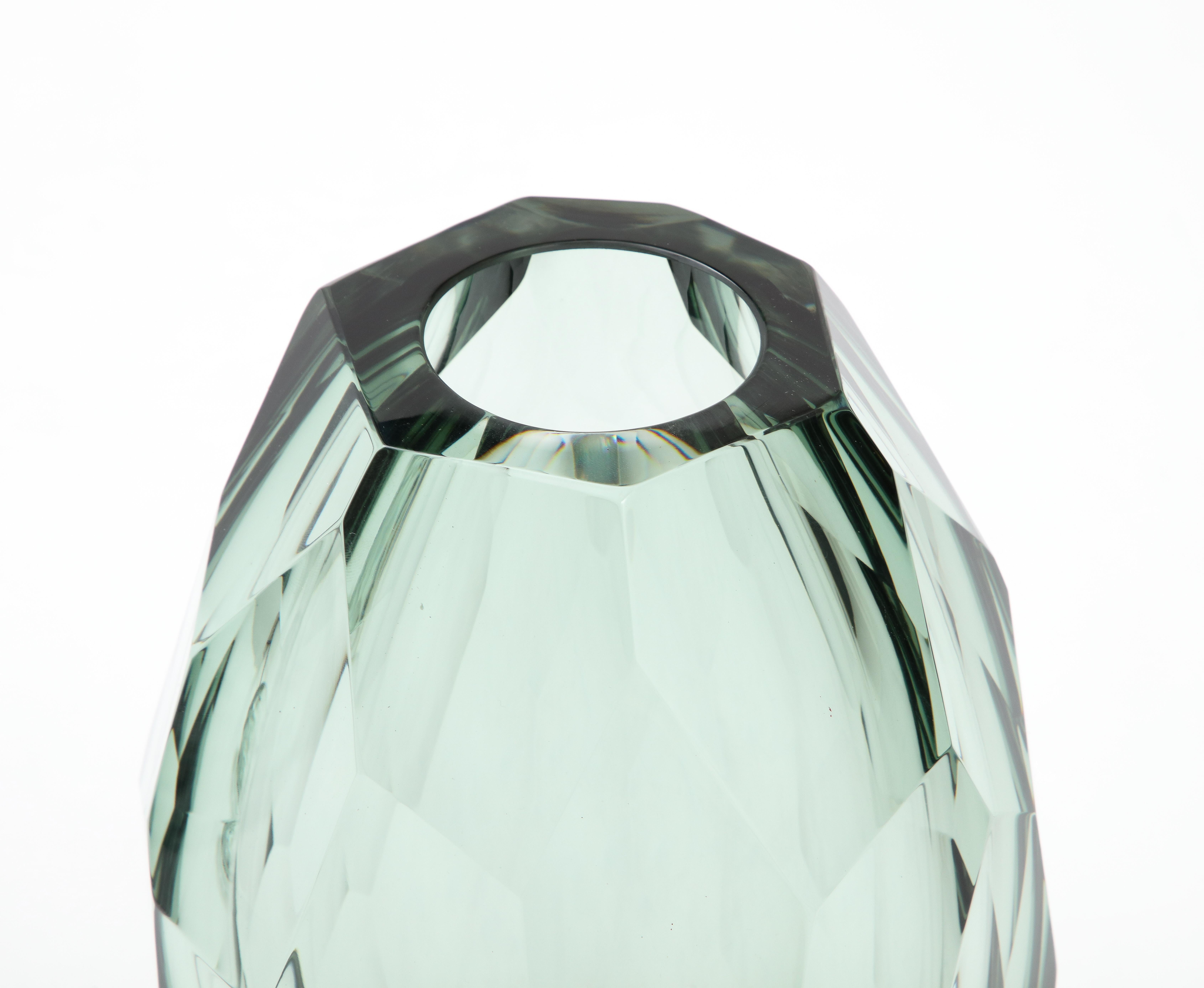 Italian Single Handblown Faceted Green Gray Murano Glass Vase, Signed, Italy, 2022