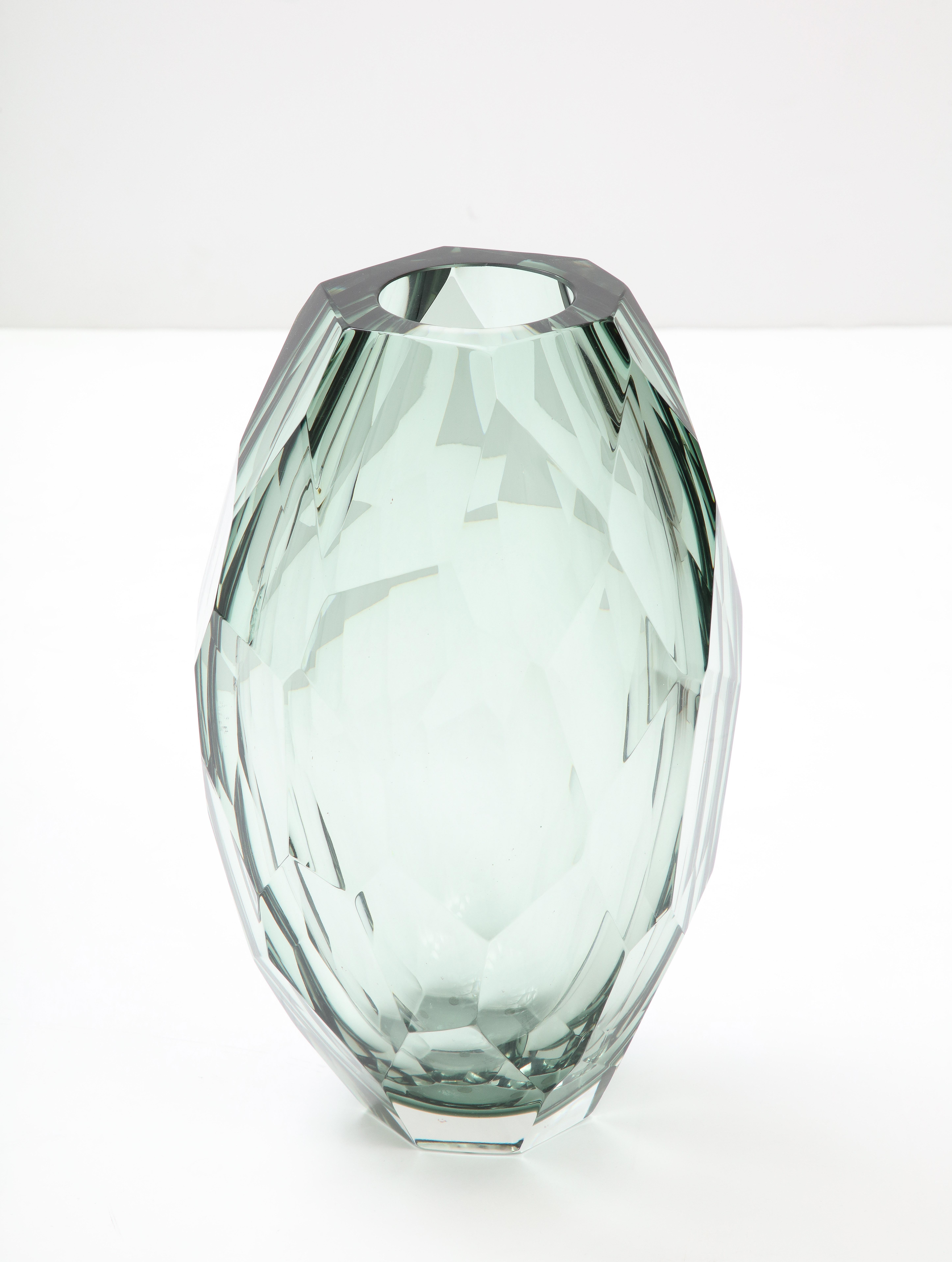 Hand-Crafted Single Handblown Faceted Green Gray Murano Glass Vase, Signed, Italy, 2022