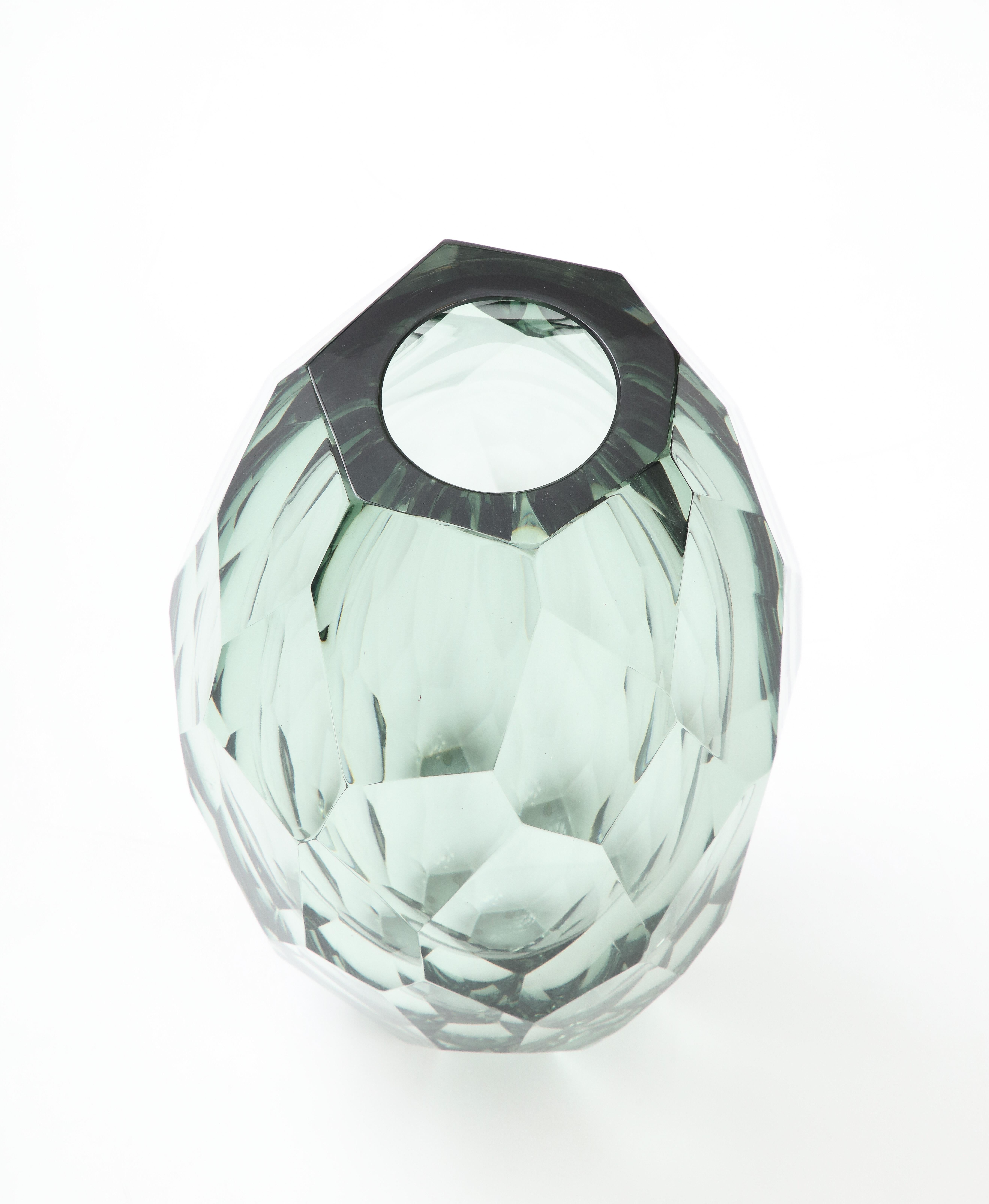 Single Handblown Faceted Green Gray Murano Glass Vase, Signed, Italy, 2022 In New Condition In New York, NY