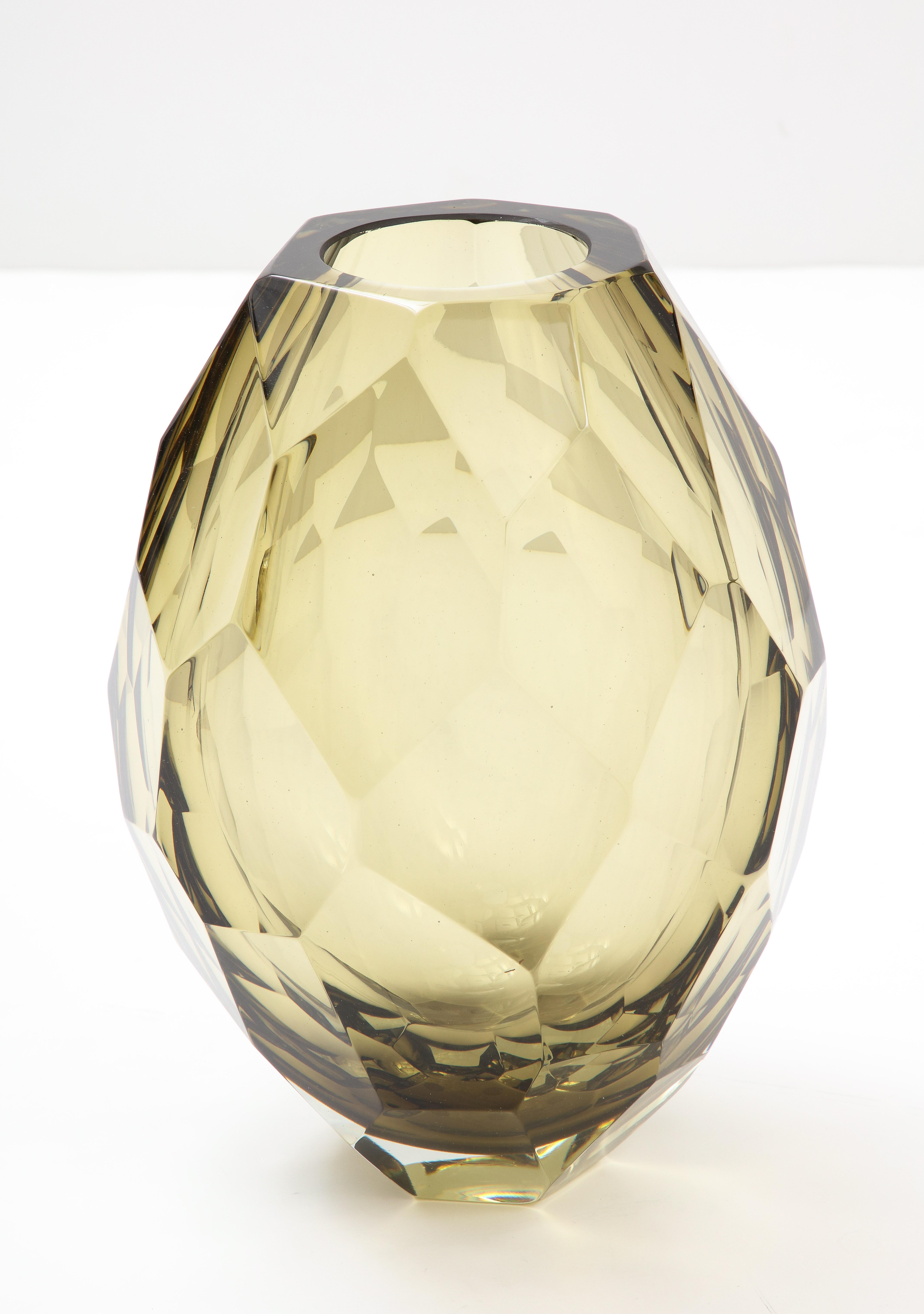 Italian Single Hand Blown Faceted Smoke Citrine Murano Glass Vase, Signed, Italy, 2022 For Sale