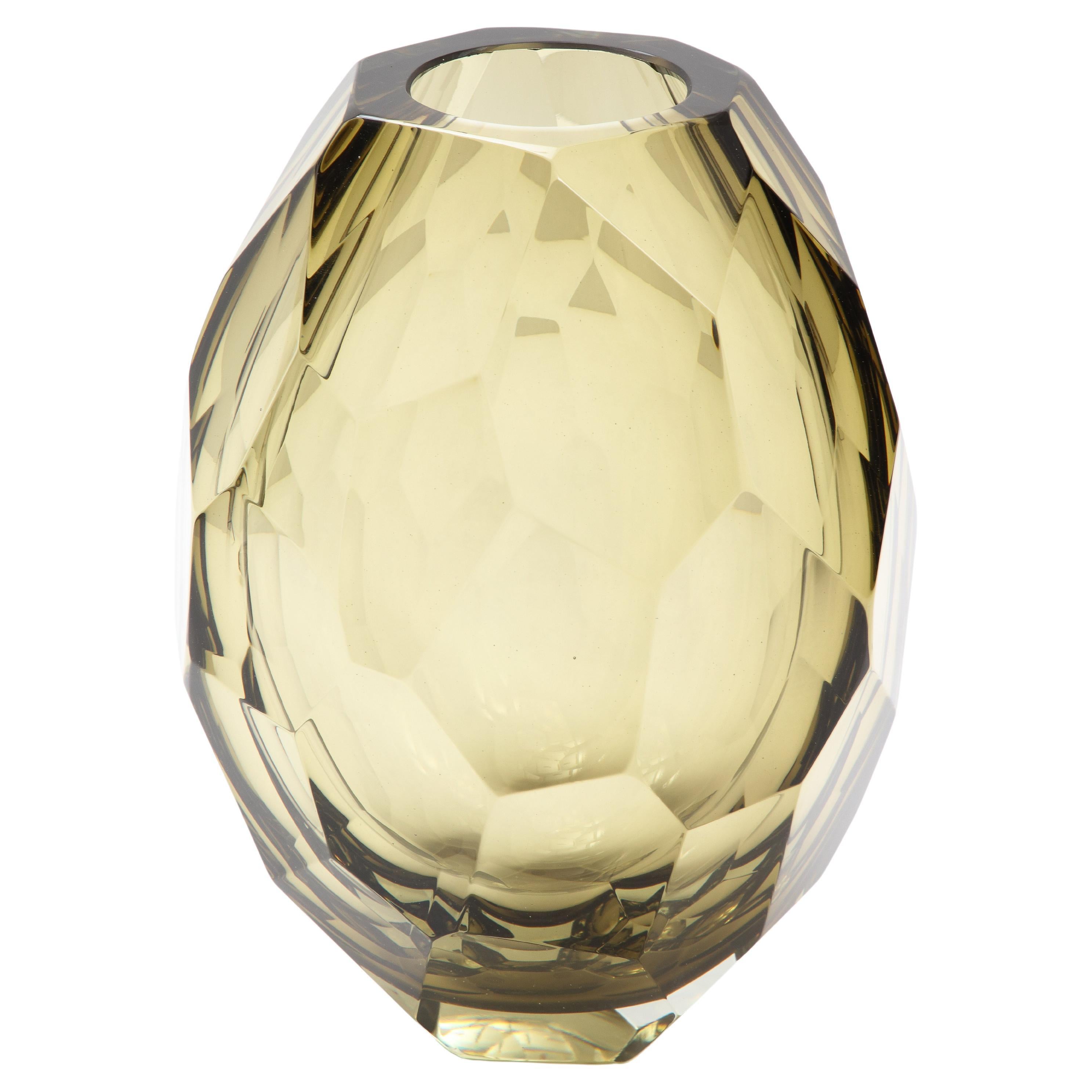 Single Hand Blown Faceted Smoke Citrine Murano Glass Vase, Signed, Italy, 2022 For Sale