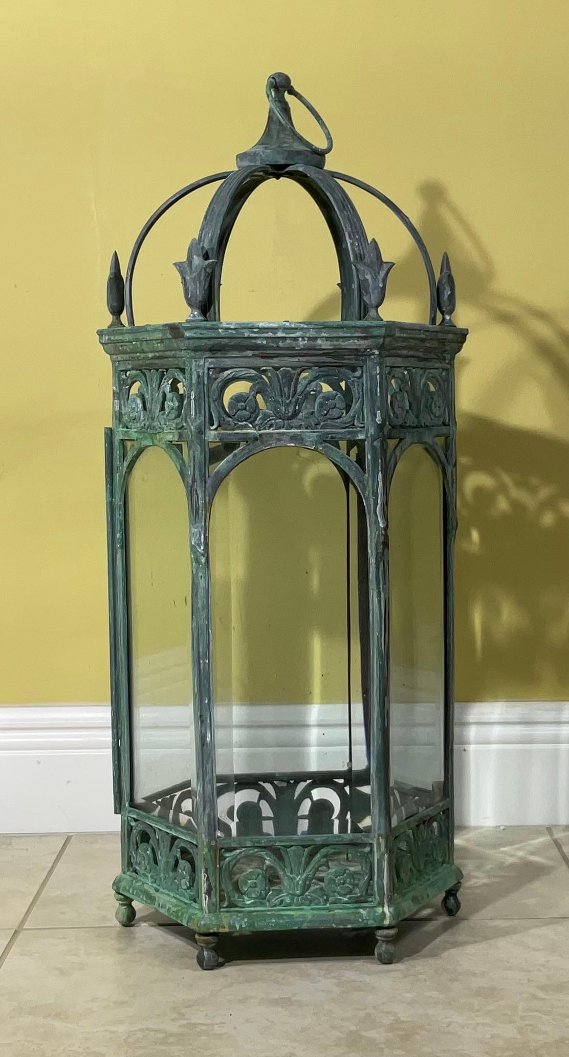 Single Handcrafted bronze and Brass Garden Candle Lantern For Sale 3