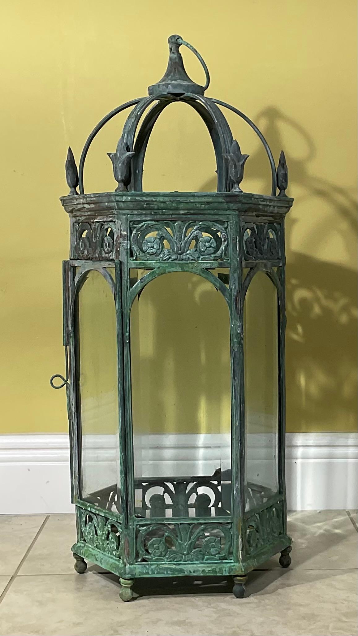Single Handcrafted bronze and Brass Garden Candle Lantern For Sale 4