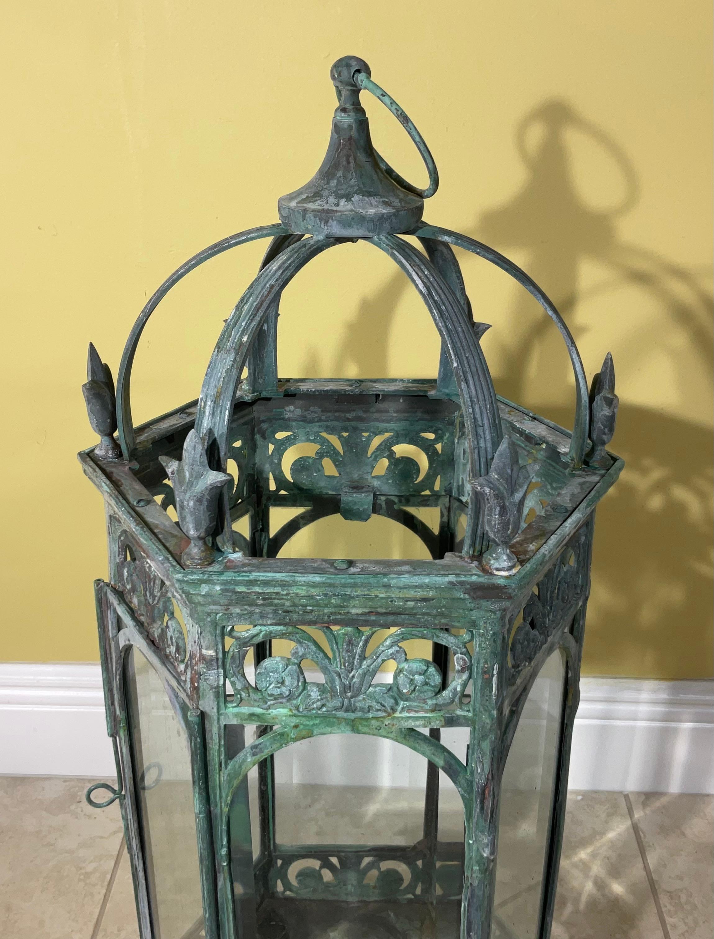 Single Handcrafted bronze and Brass Garden Candle Lantern For Sale 5
