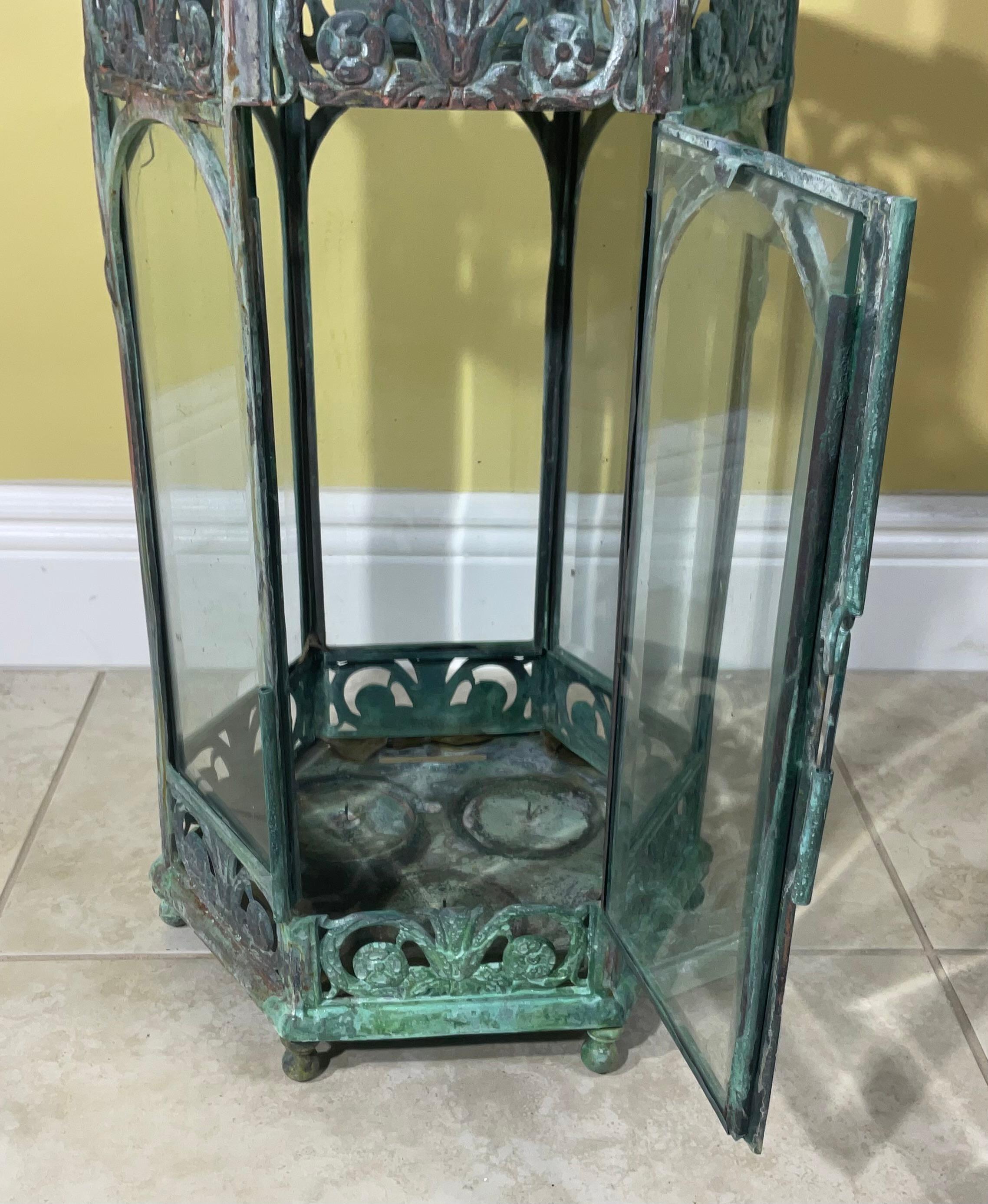 Single Handcrafted bronze and Brass Garden Candle Lantern In Good Condition For Sale In Delray Beach, FL