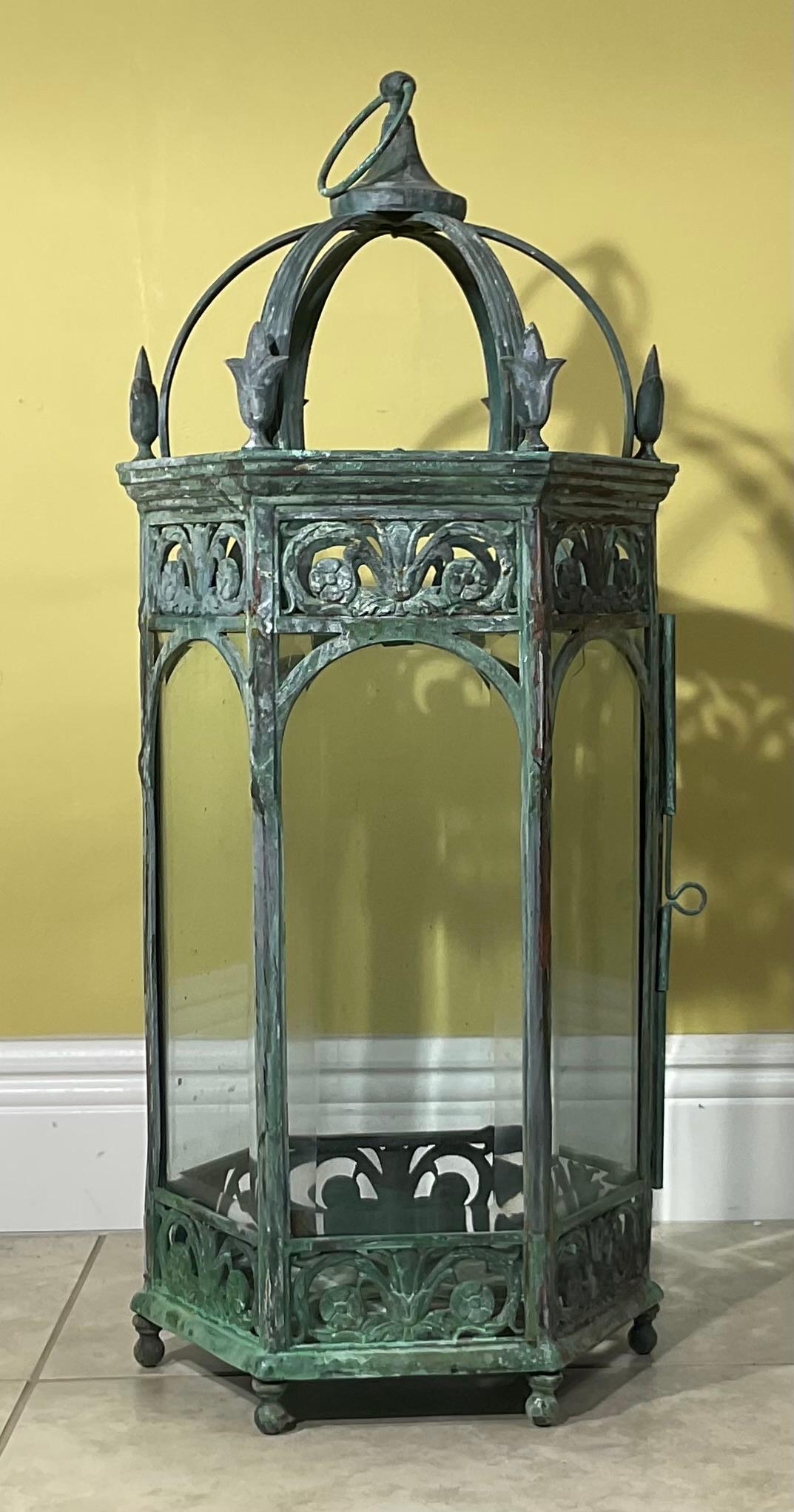Glass Single Handcrafted bronze and Brass Garden Candle Lantern For Sale