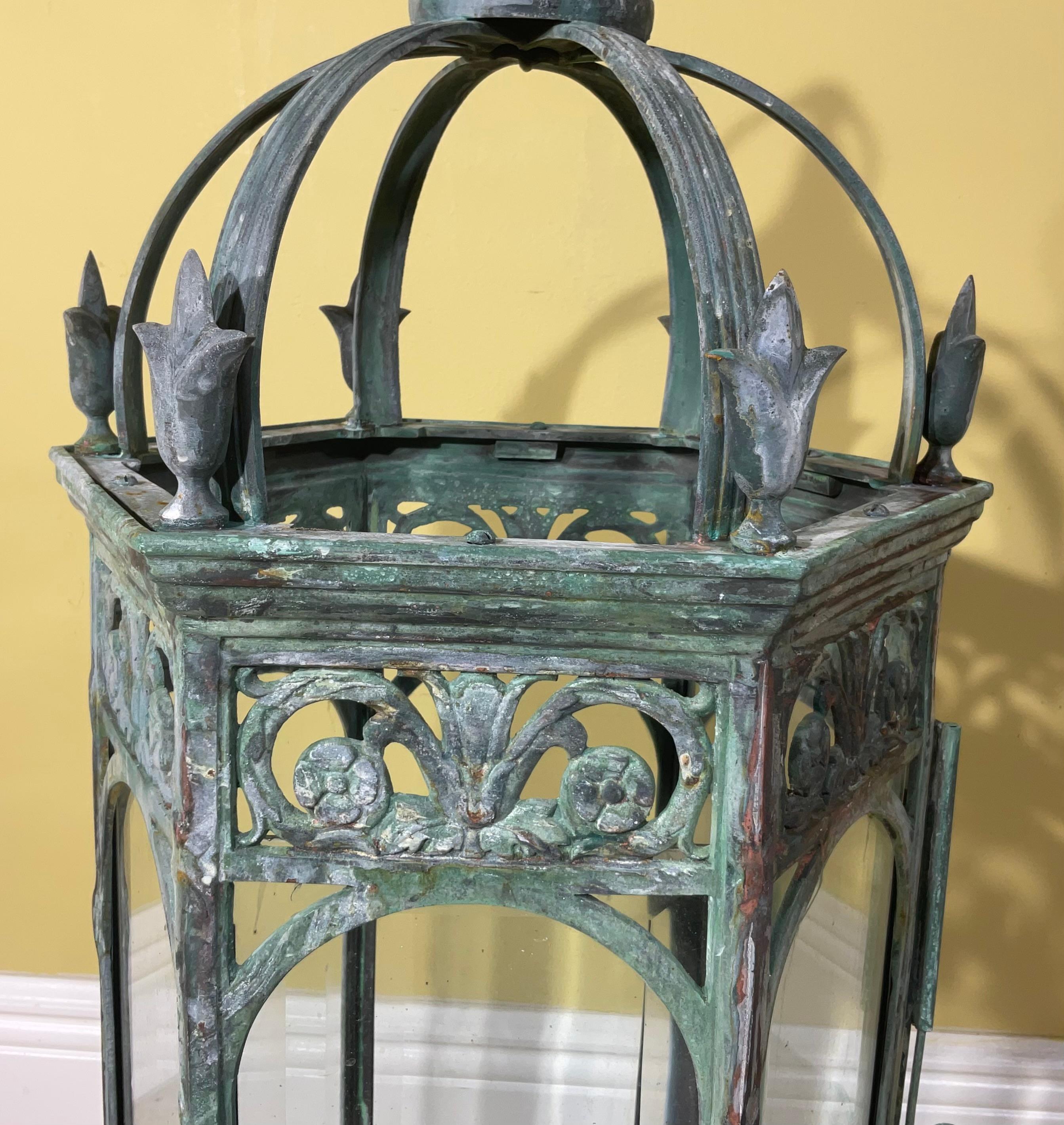 Single Handcrafted bronze and Brass Garden Candle Lantern For Sale 1