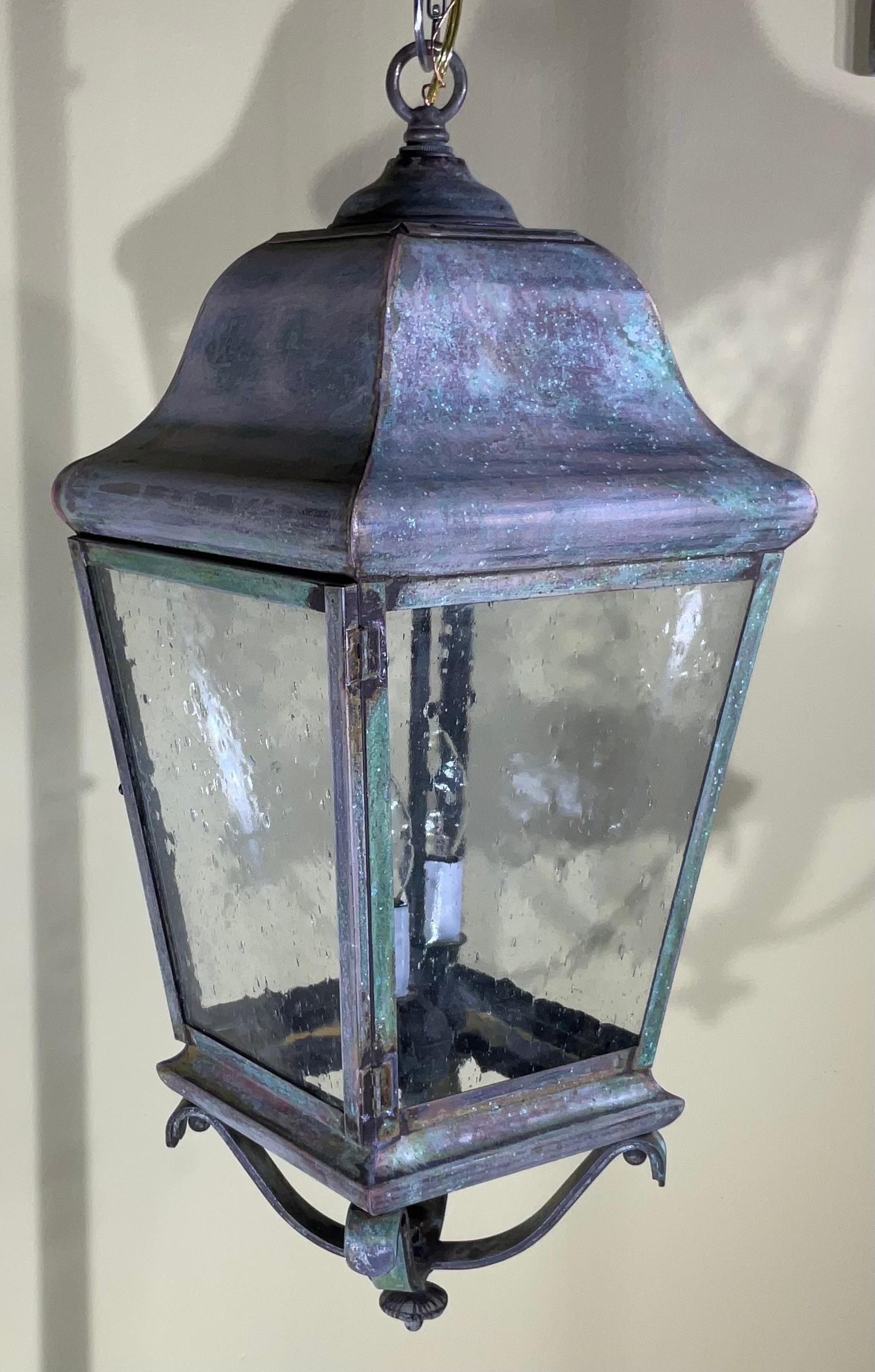 Single Handcrafted Solid Brass Hanging Lantern In Good Condition For Sale In Delray Beach, FL