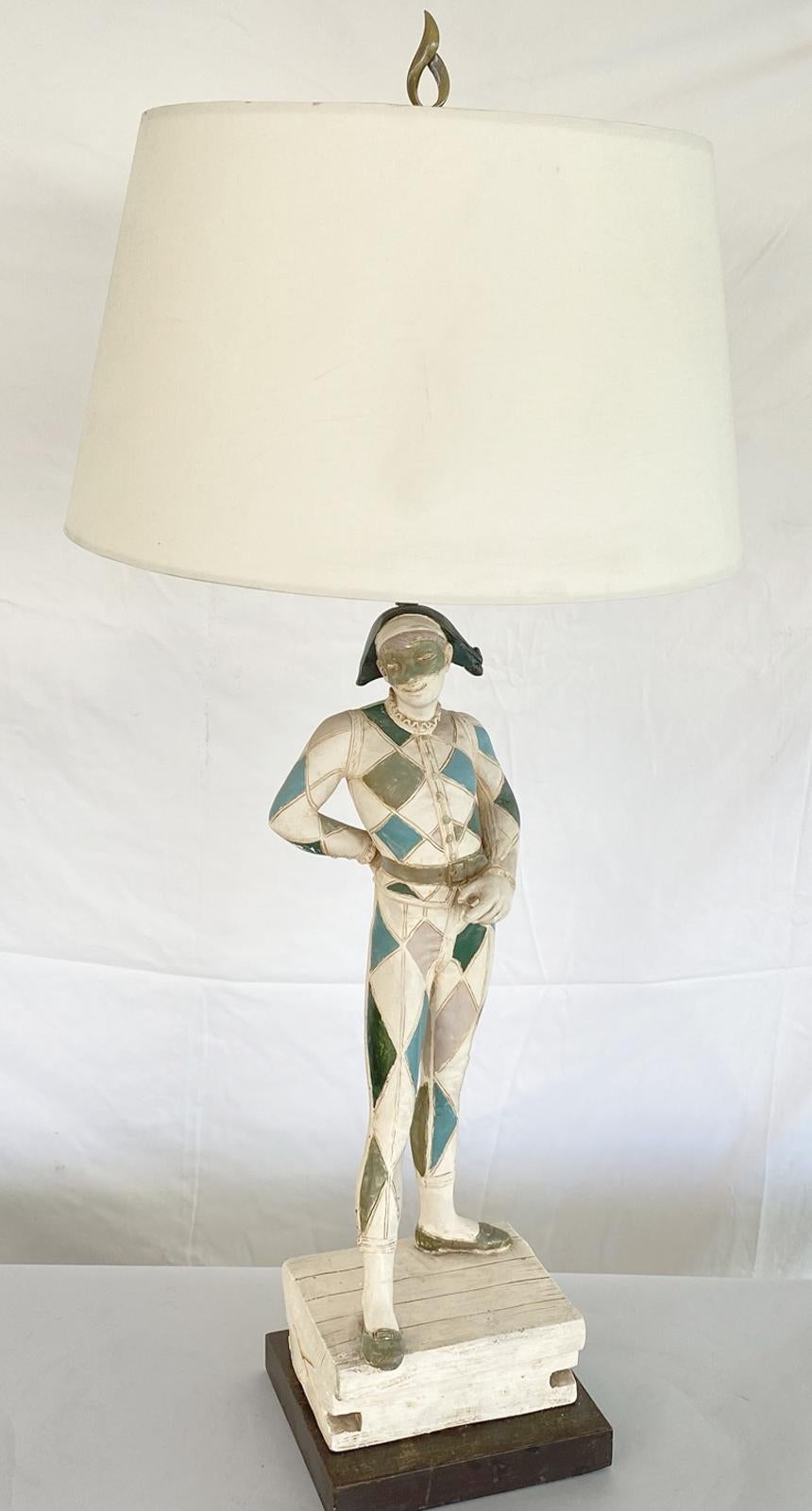 Plaster Single Handpainted Figural Harlequin Lamp by Marboro For Sale