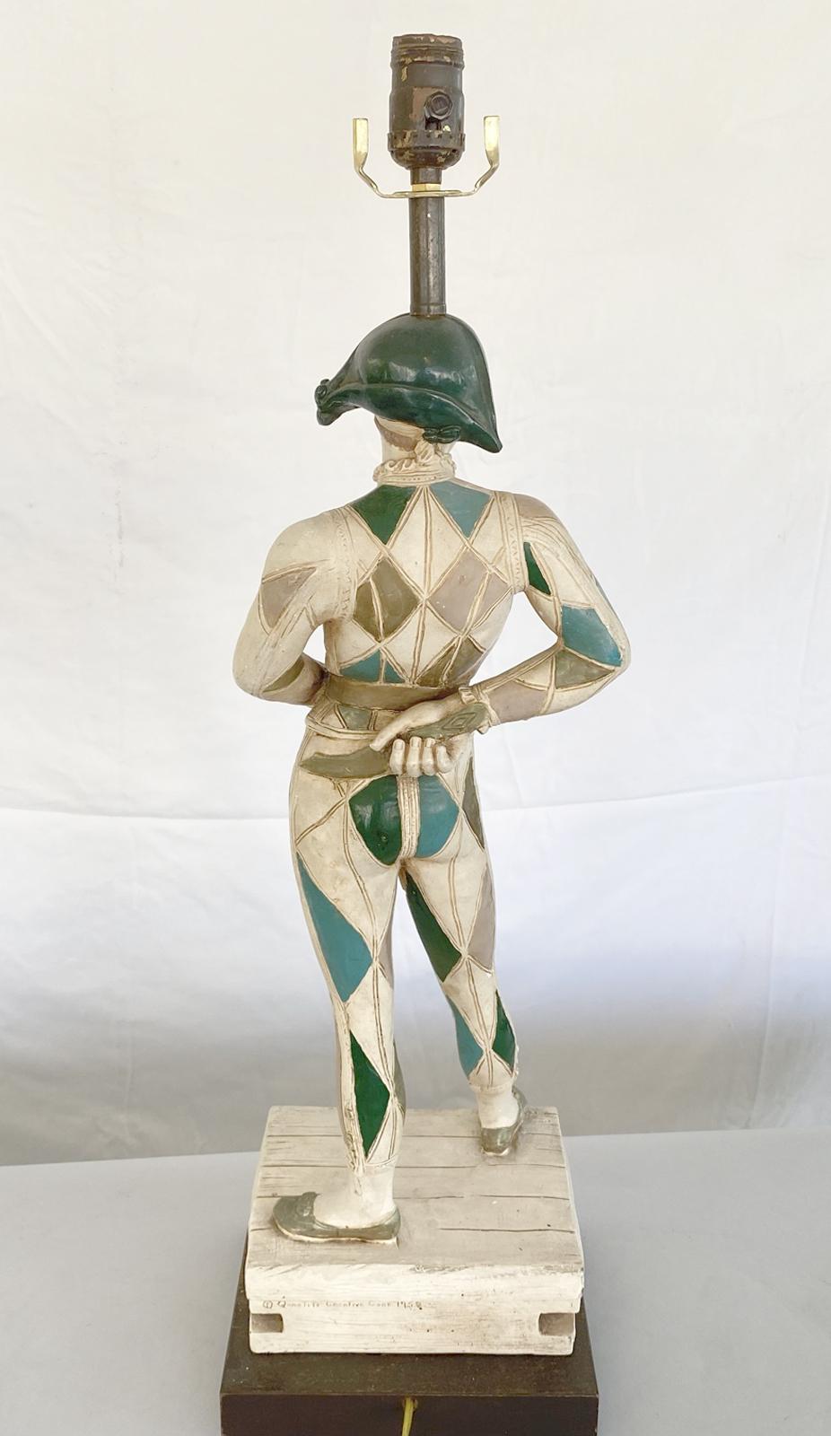 Hollywood Regency Single Handpainted Figural Harlequin Lamp by Marboro For Sale