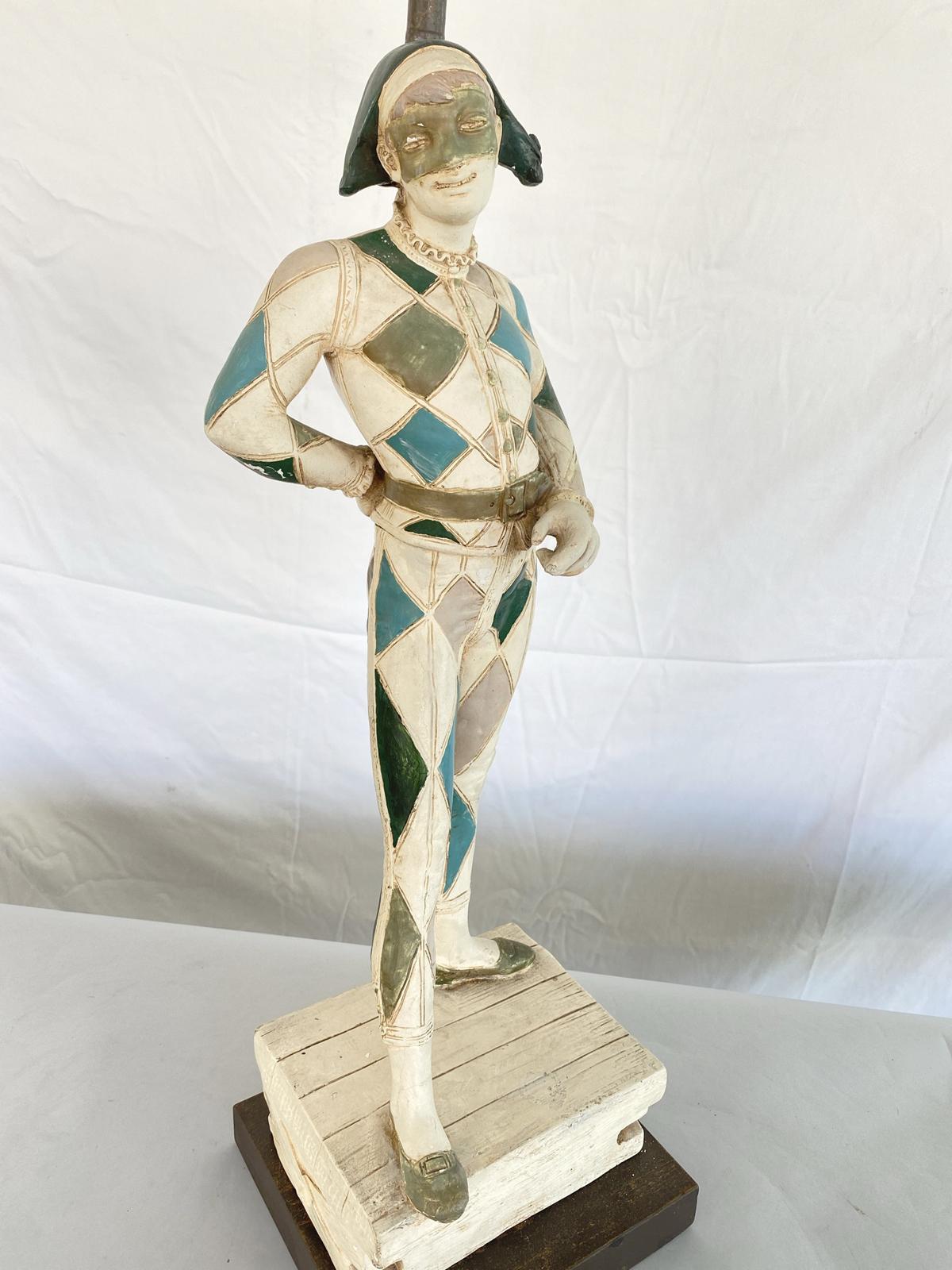 American Single Handpainted Figural Harlequin Lamp by Marboro For Sale